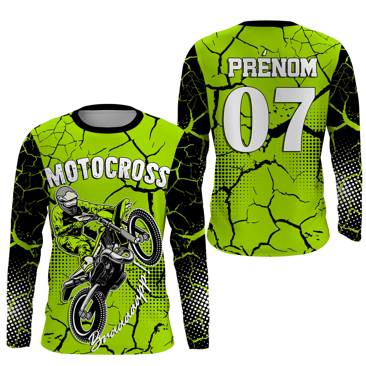Anti-UV manches longues sweat motocross vert lime, tenue piste avec prénom et numéro pour pilote