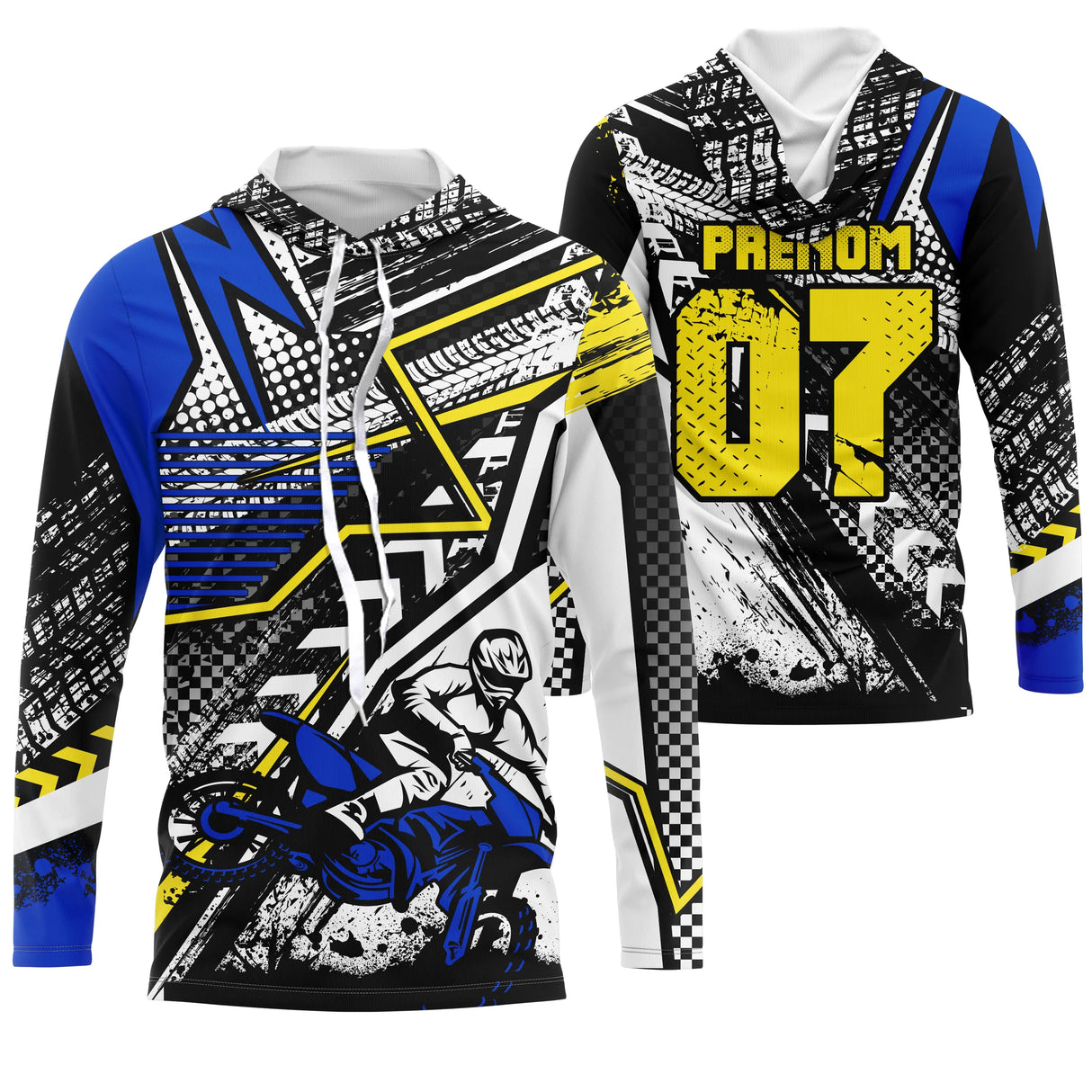 Sweat motocross bleu jaune Extreme avec motard MX et lettrage Extreme, prénom numéro 07 imprimés