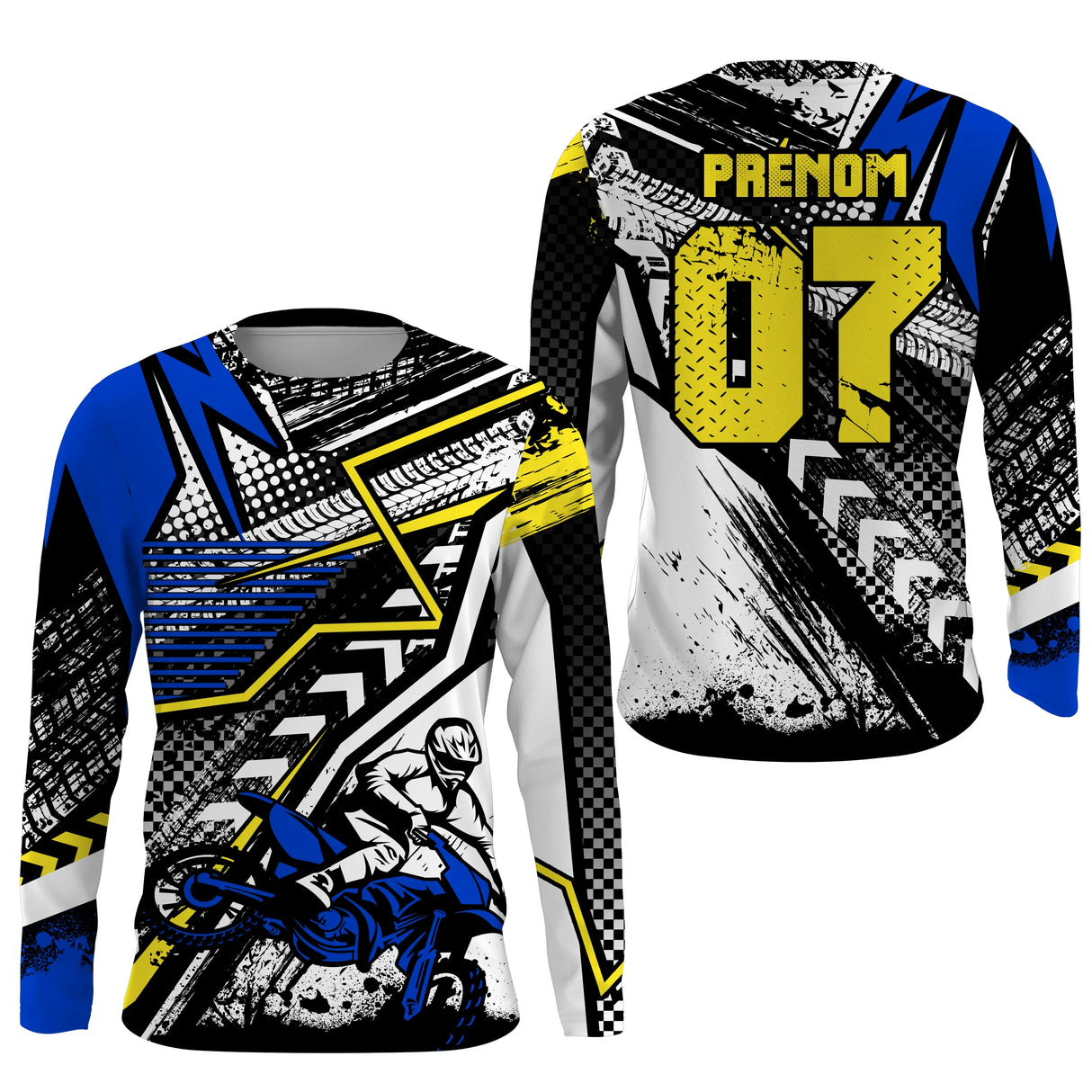 Anti-UV manches longues sweat motocross bleu jaune, tenue piste avec prénom et numéro pour pilote
