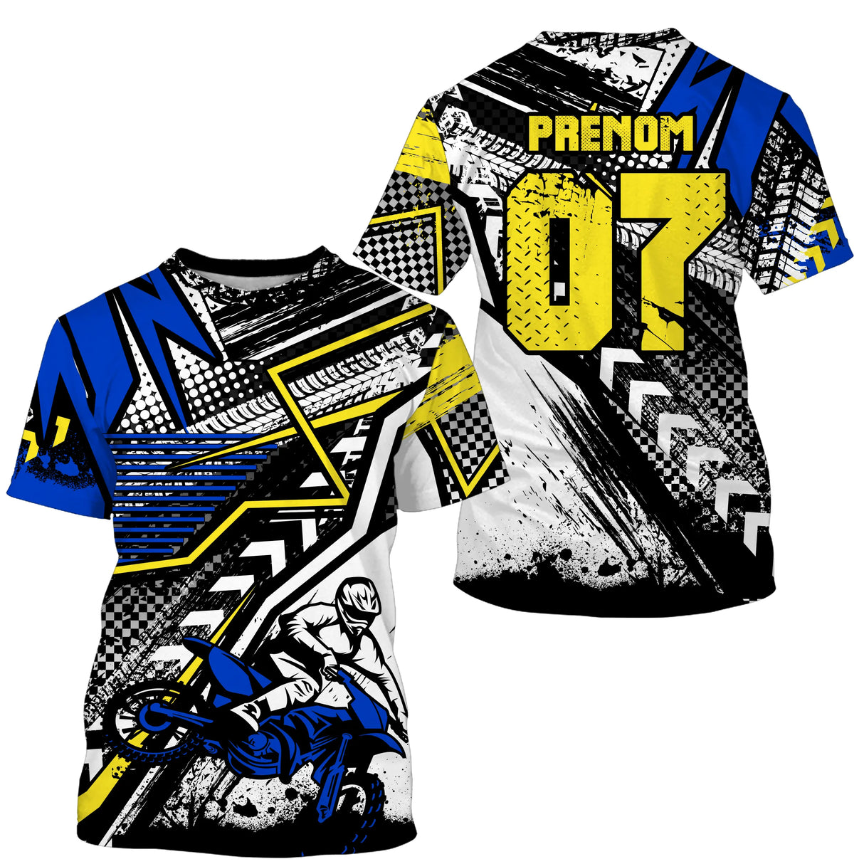 Anti-UV à capuche sweat motocross bleu jaune fluo, design dirt bike Extreme personnalisé