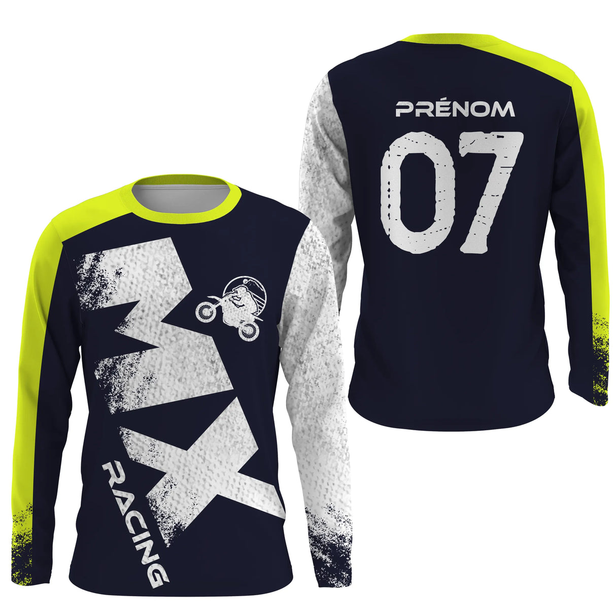 Anti-UV manches longues sweat motocross bleu marine MX, tenue piste avec prénom et numéro