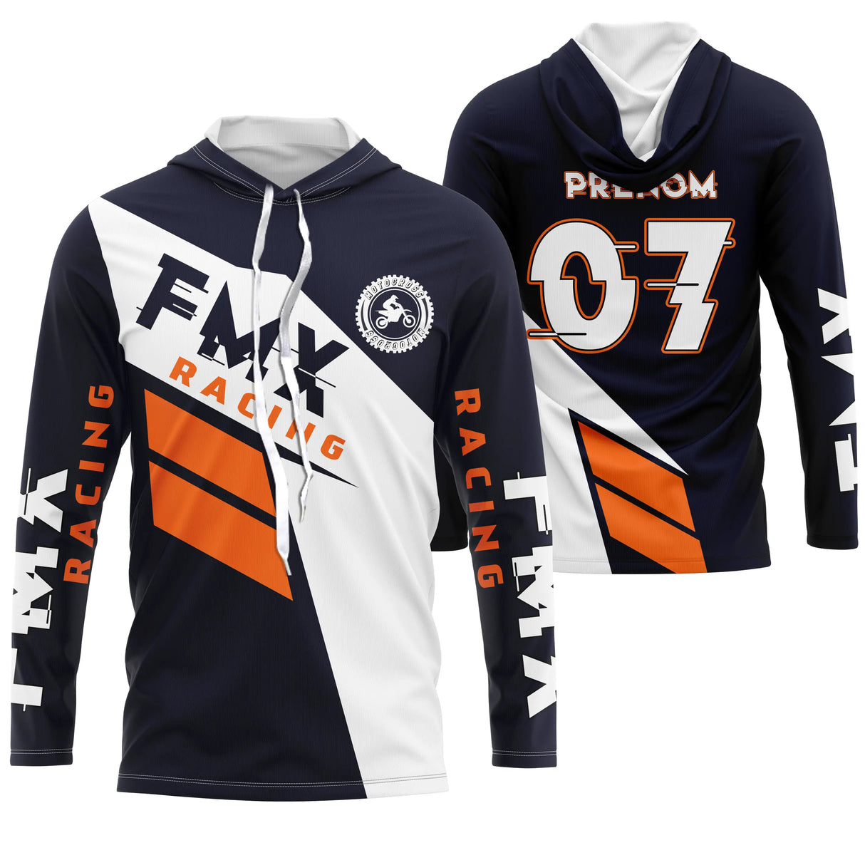 Sweat motocross FMX Racing bleu marine orange avec écusson et lettrage Racing, prénom numéro 07 imprimés