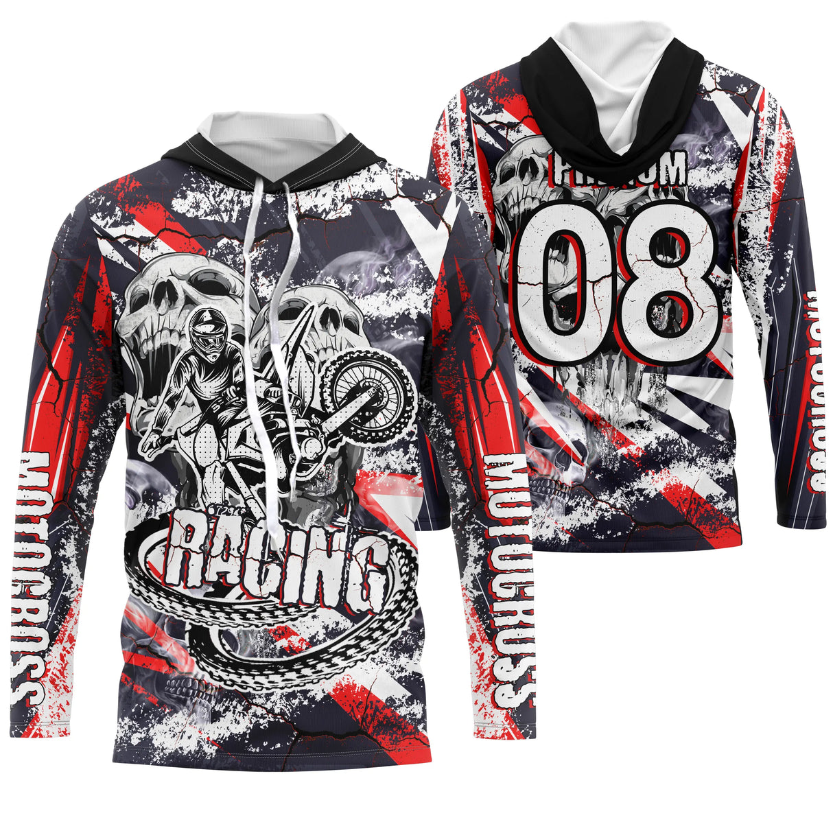 Sweat motocross noir rouge avec crâne squelette tenant une faux et lettrage Motocross Racing, prénom numéro 08