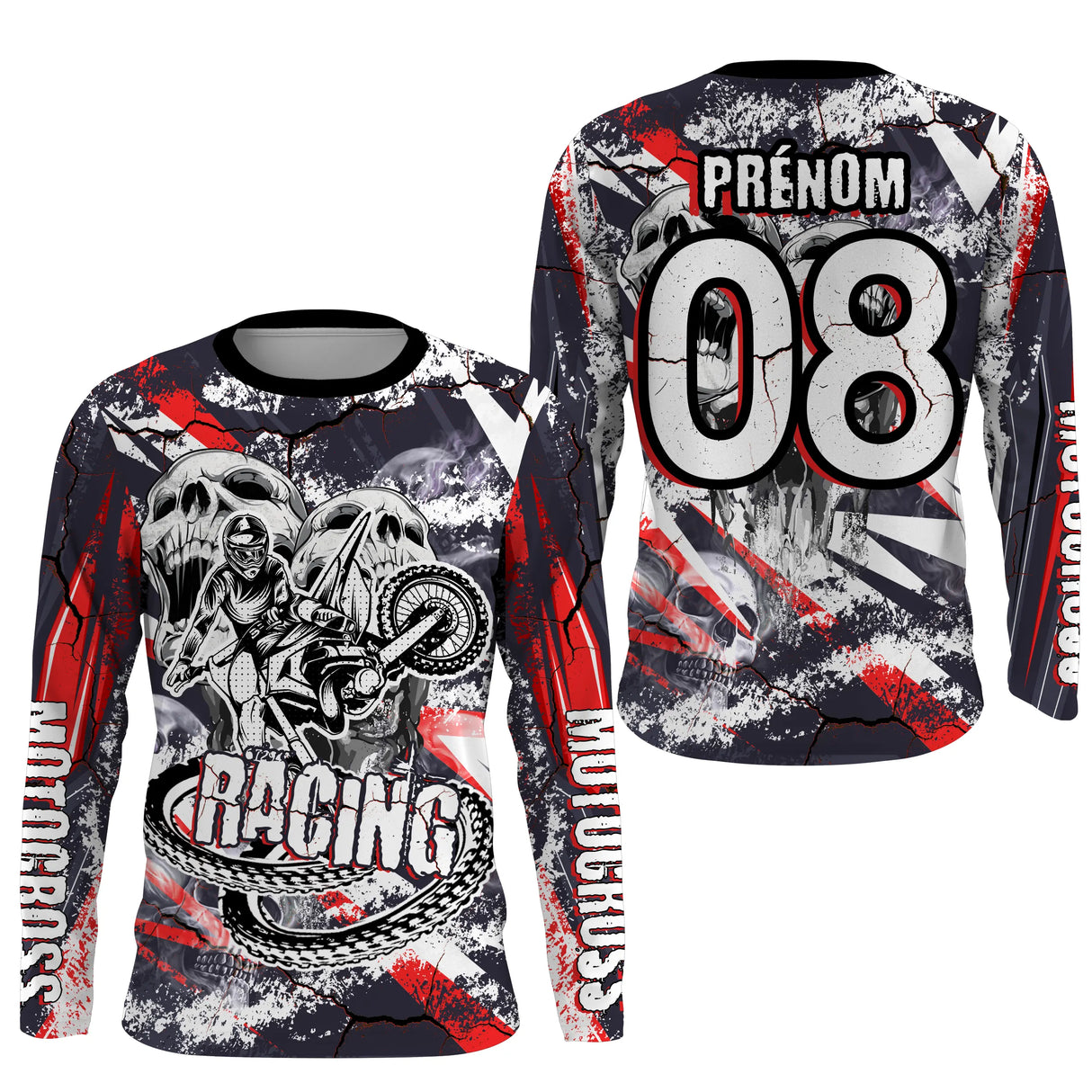 Anti-UV manches longues sweat motocross rouge crâne squelette, tenue piste avec prénom et numéro