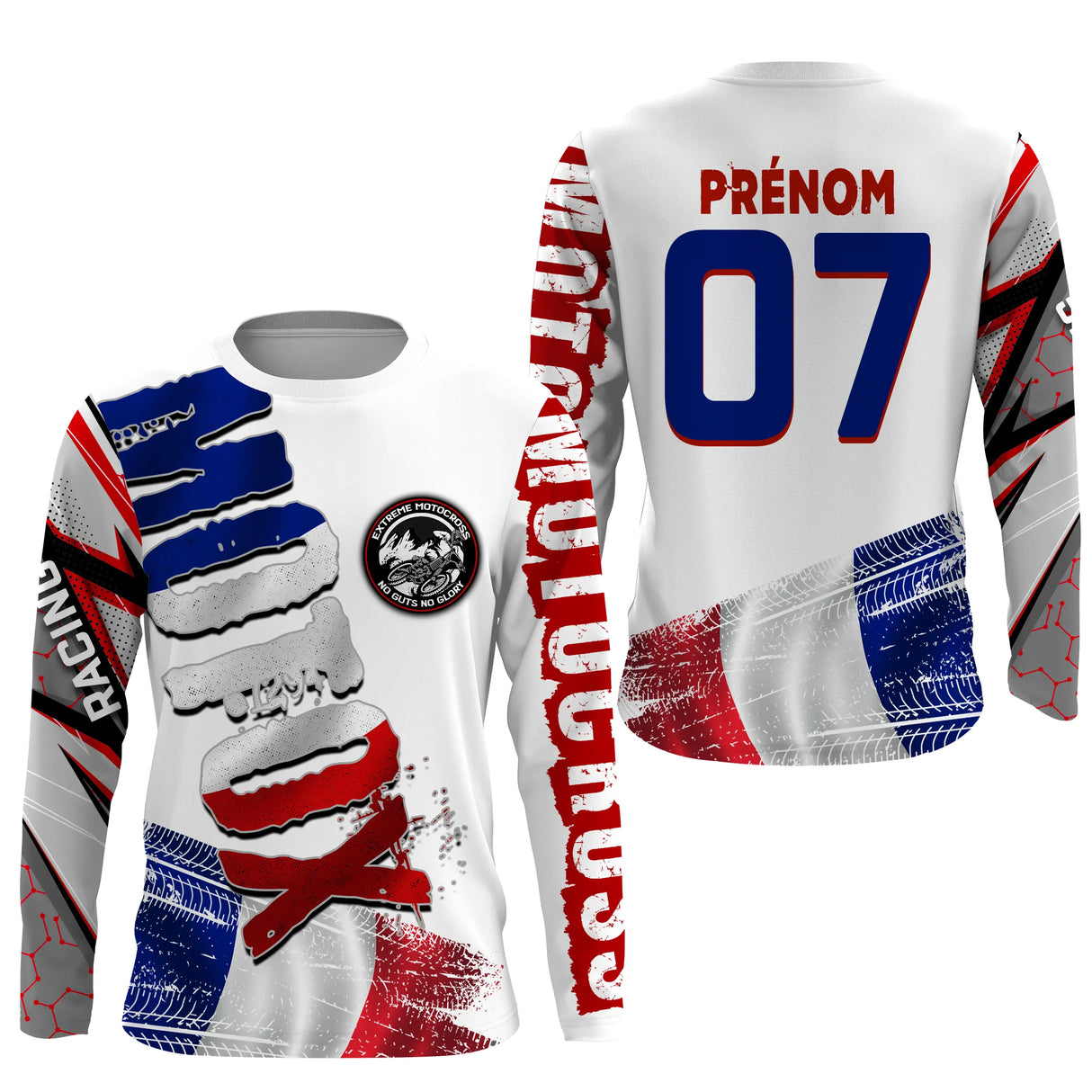 Anti-UV manches longues maillot motocross France tricolore, design dirt bike patriote personnalisé