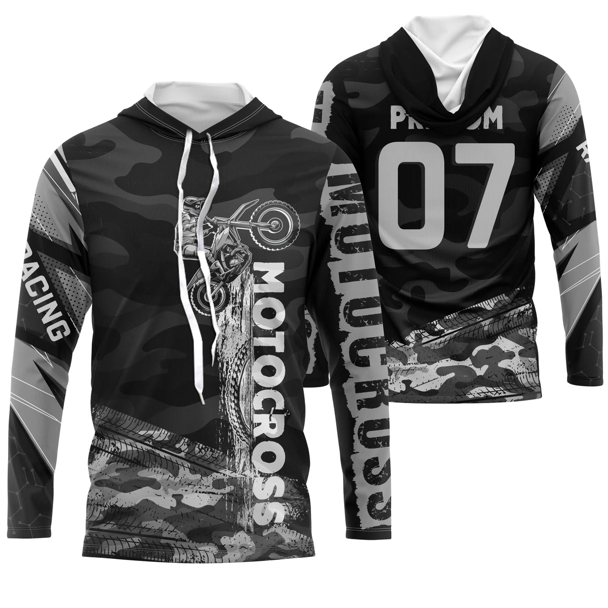 Maillot motocross camouflage noir gris avec silhouette pilote moto et lettrage Racing, prénom numéro 07 imprimés