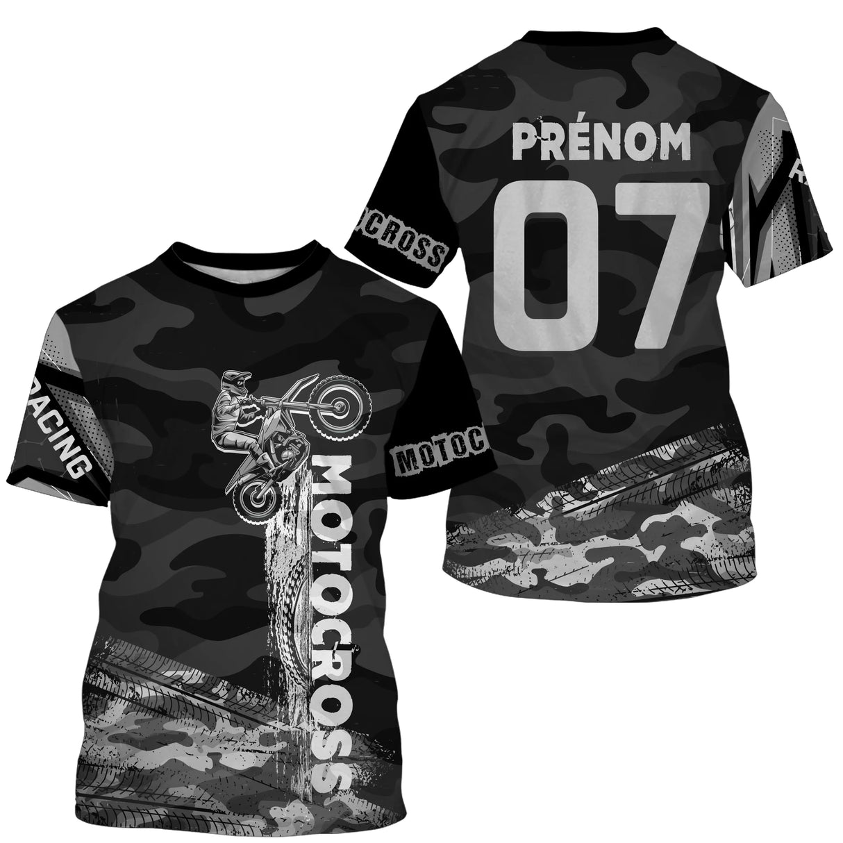 Anti-UV à capuche maillot motocross camo noir, lettrage Motocross Racing et numéro de course personnalisé