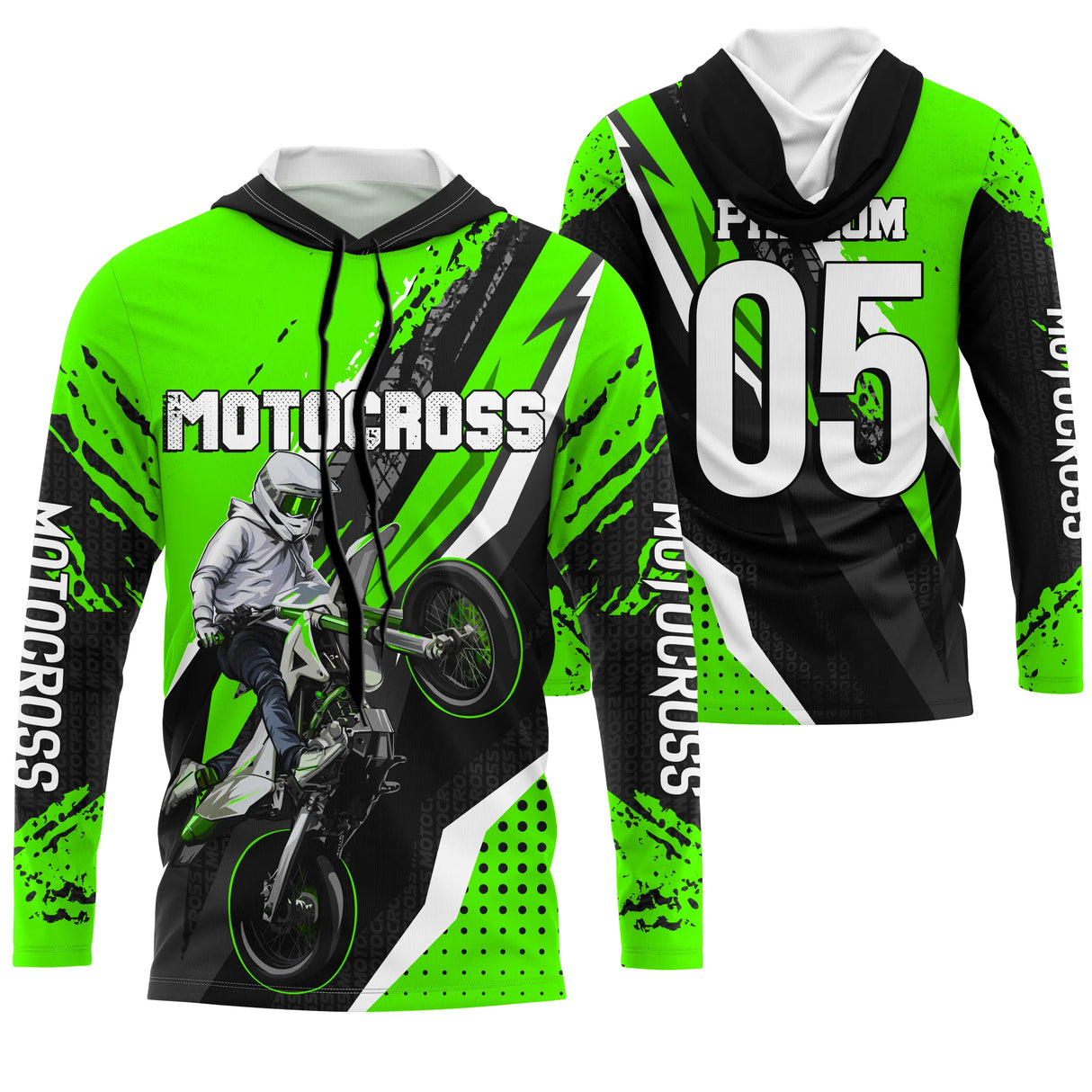 Maillot motocross vert fluo noir avec silhouette pilote moto et lettrage Motocross, prénom et numéro 05 imprimés