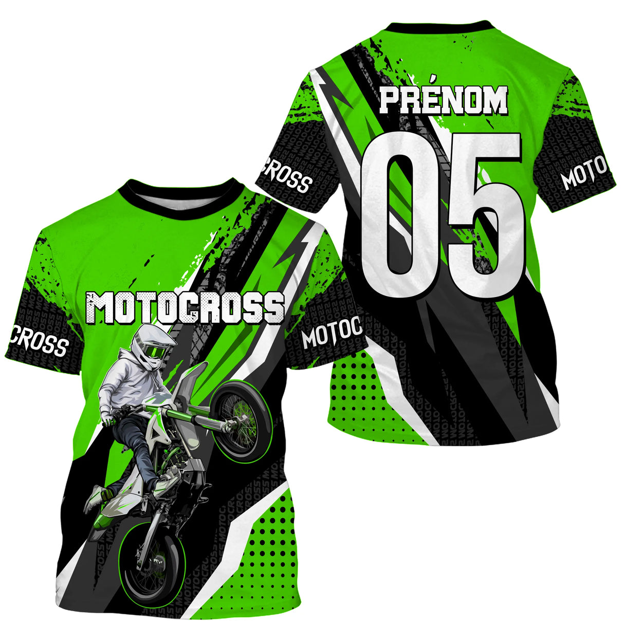Anti-UV à capuche maillot motocross vert noir, lettrage Motocross et numéro de course personnalisé