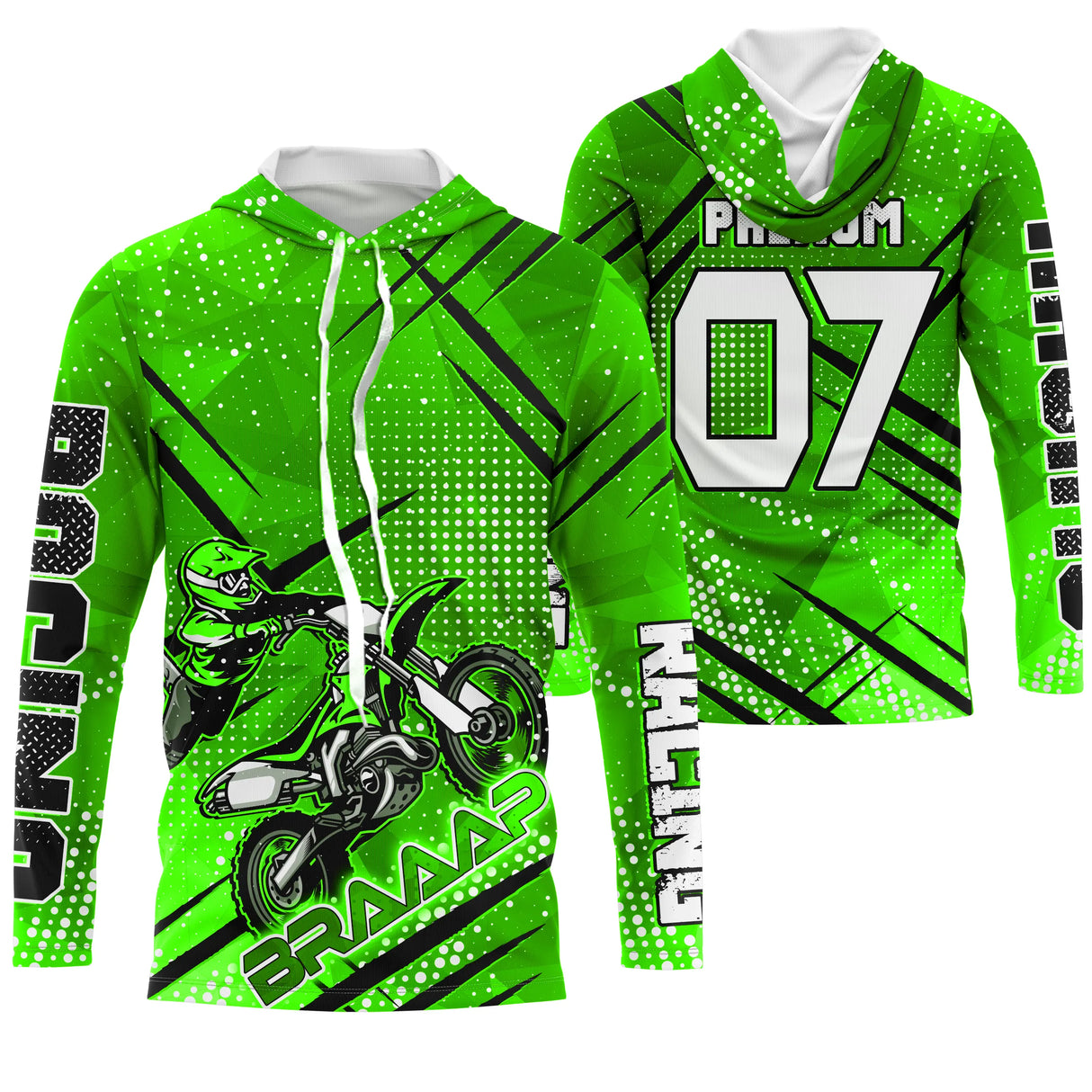 Maillot motocross vert fluo Braaap Racing avec silhouette pilote moto, prénom et numéro 07 imprimés