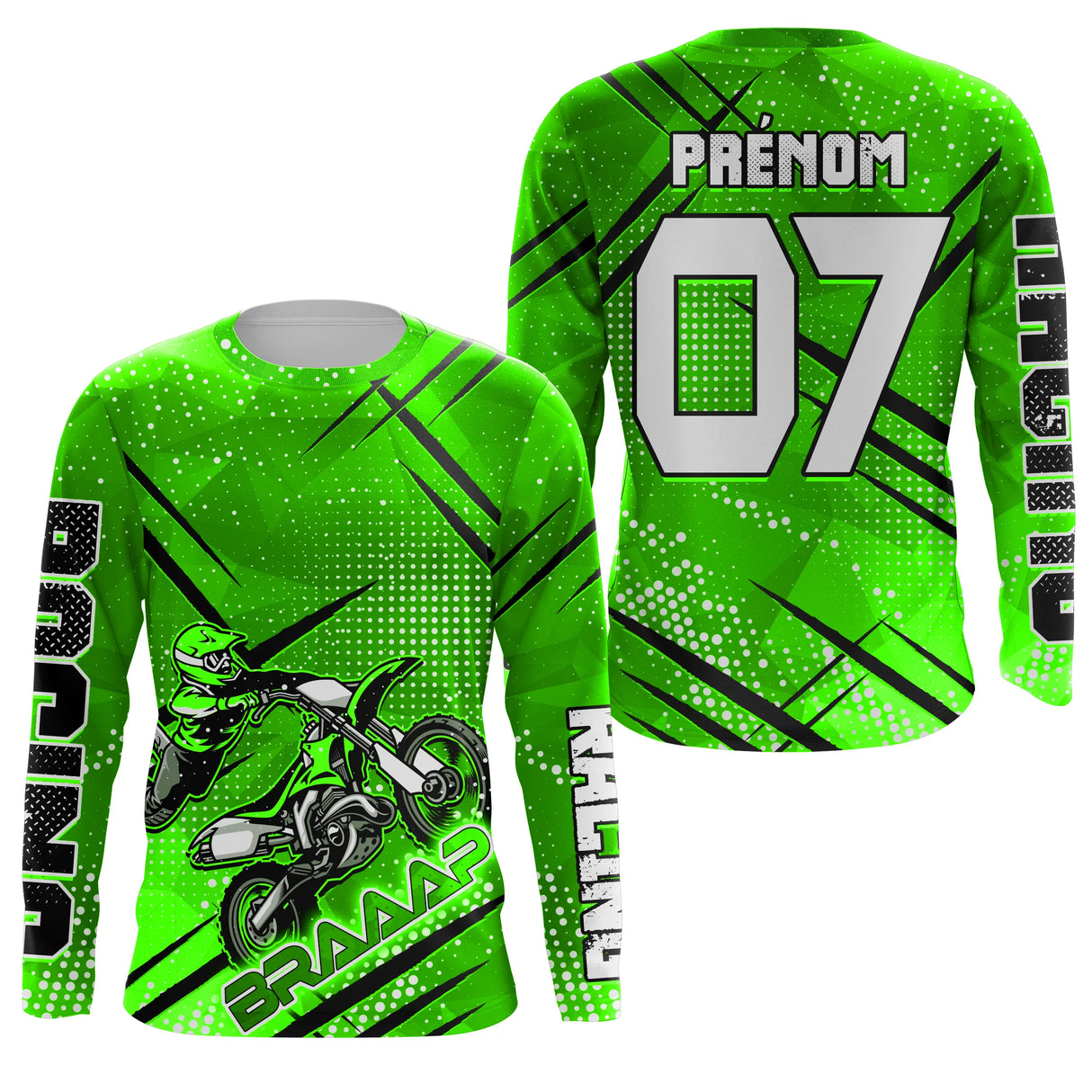 Anti-UV manches longues maillot motocross vert fluo Braaap, design dirt bike racing personnalisé