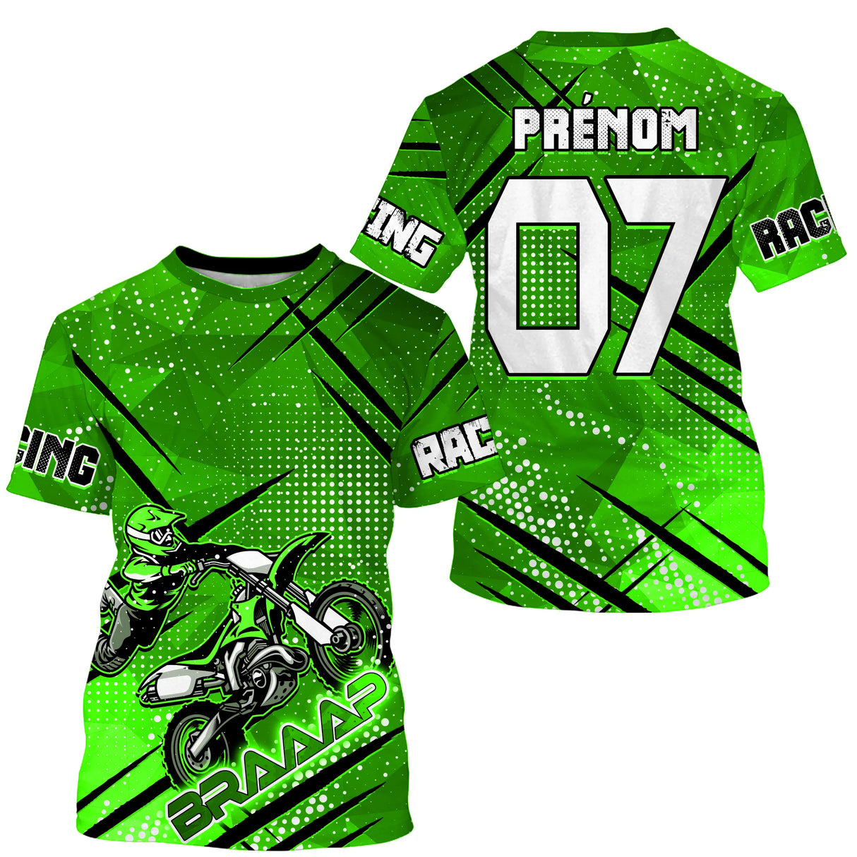 Anti-UV à capuche maillot motocross vert noir, lettrage Braaap Racing et numéro de course personnalisé