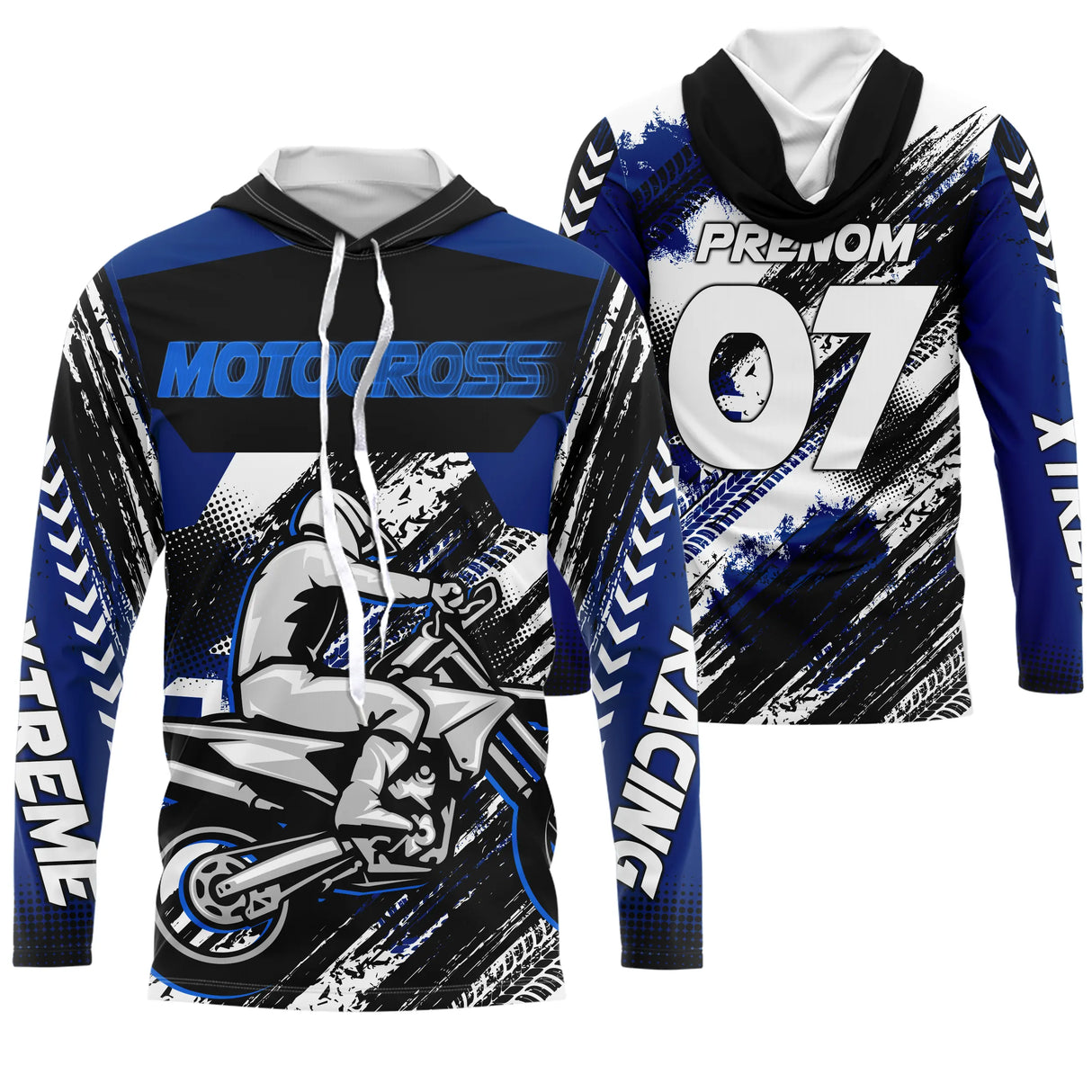Maillot motocross bleu cobalt noir avec pilote en wheelie et lettrage Motocross Xtreme, prénom numéro 07 imprimés