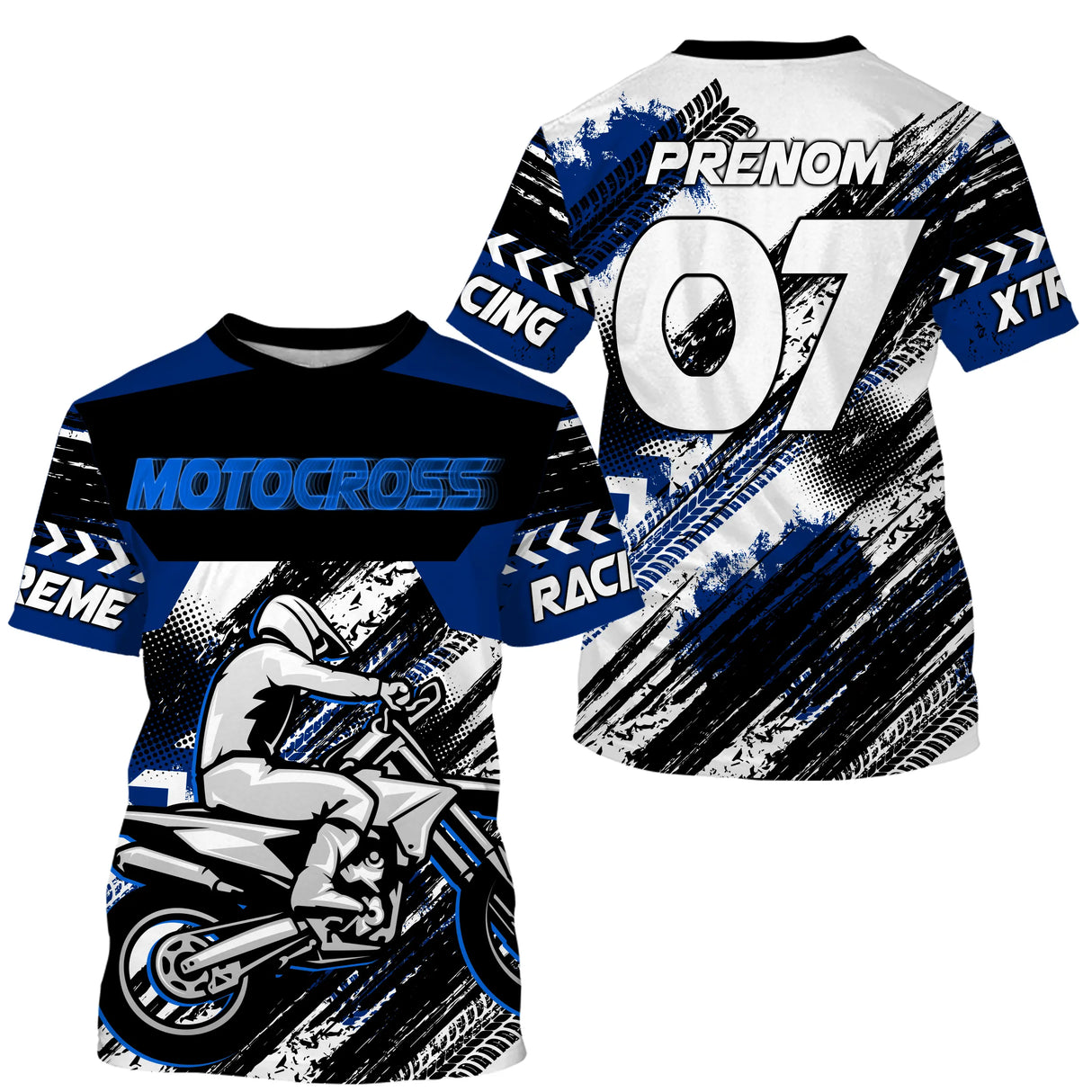 Anti-UV à capuche maillot motocross bleu noir, motif Motocross Xtreme et numéro de course personnalisé