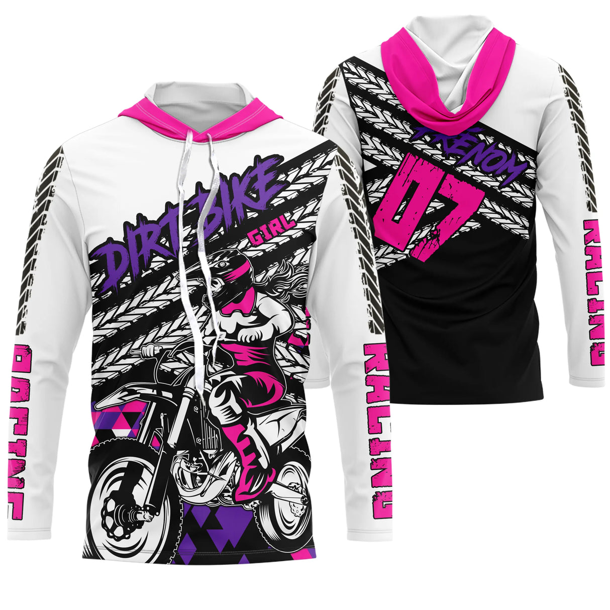 Maillot motocross rose fuchsia blanc noir avec pilote féminine et lettrage Dirt Bike, prénom numéro 07 imprimés