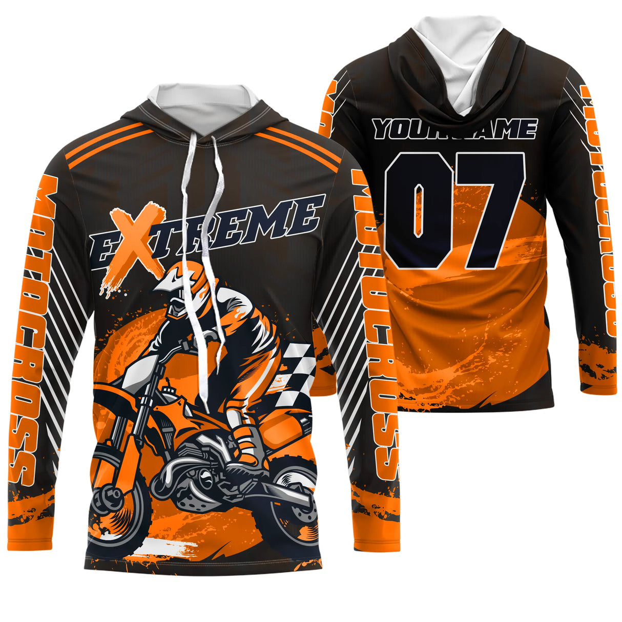 Maillot motocross orange noir avec pilote en saut et lettrage Xtreme, prénom et numéro 07 imprimés
