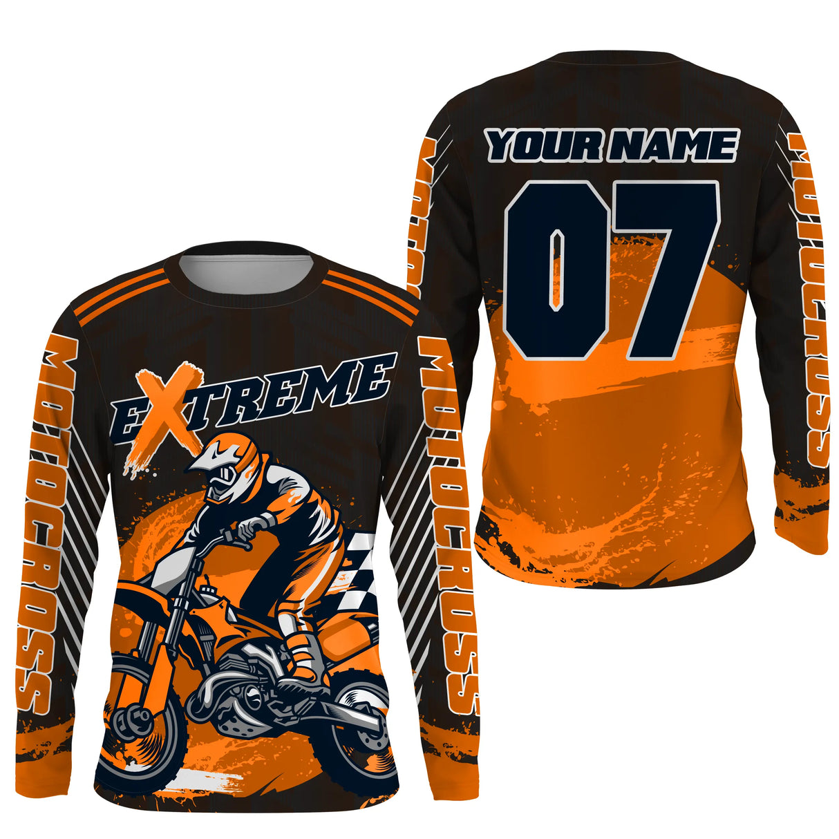Anti-UV manches longues maillot motocross orange noir Xtreme, design dirt bike extreme personnalisé