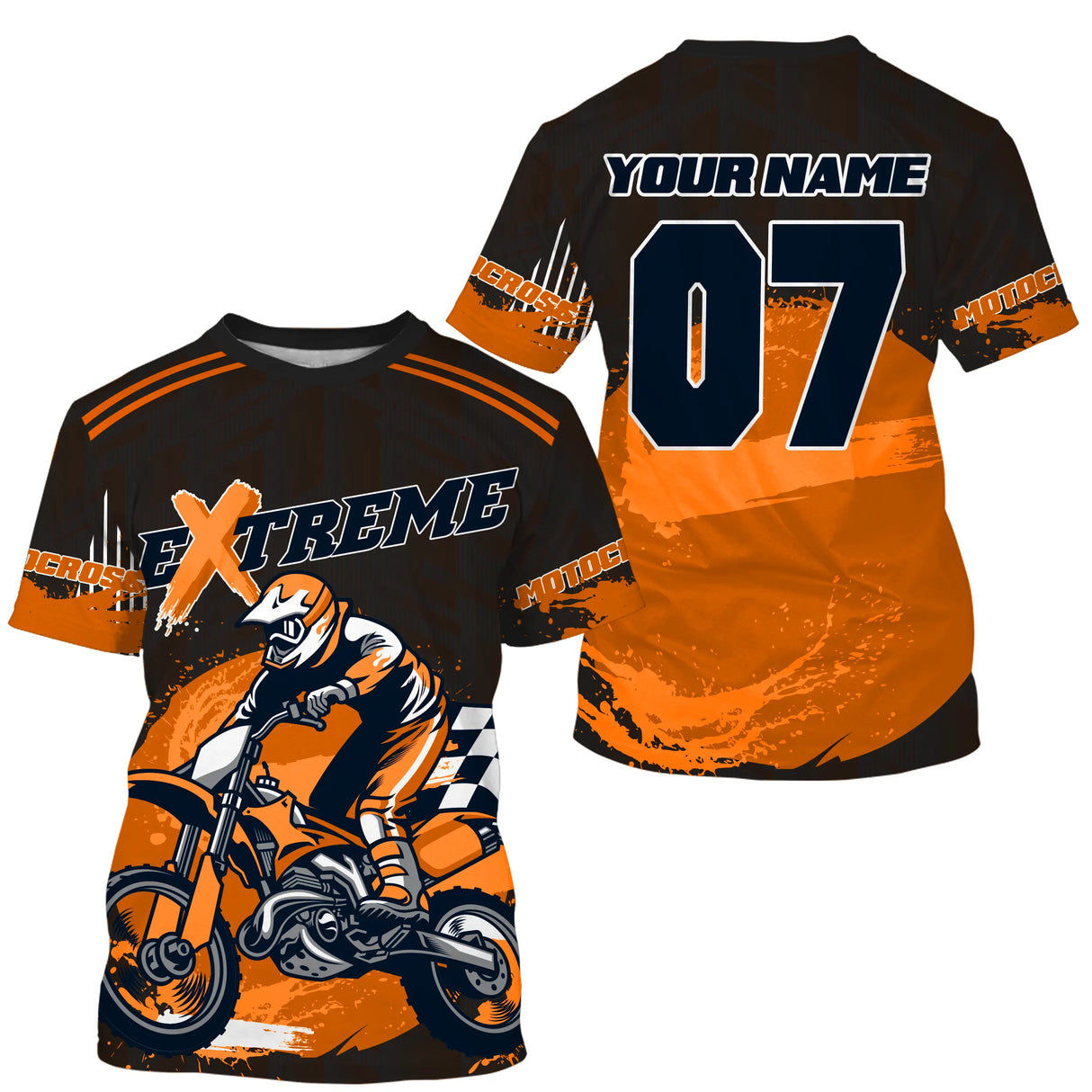 Anti-UV à capuche maillot motocross orange noir, lettrage Xtreme et numéro de course personnalisé