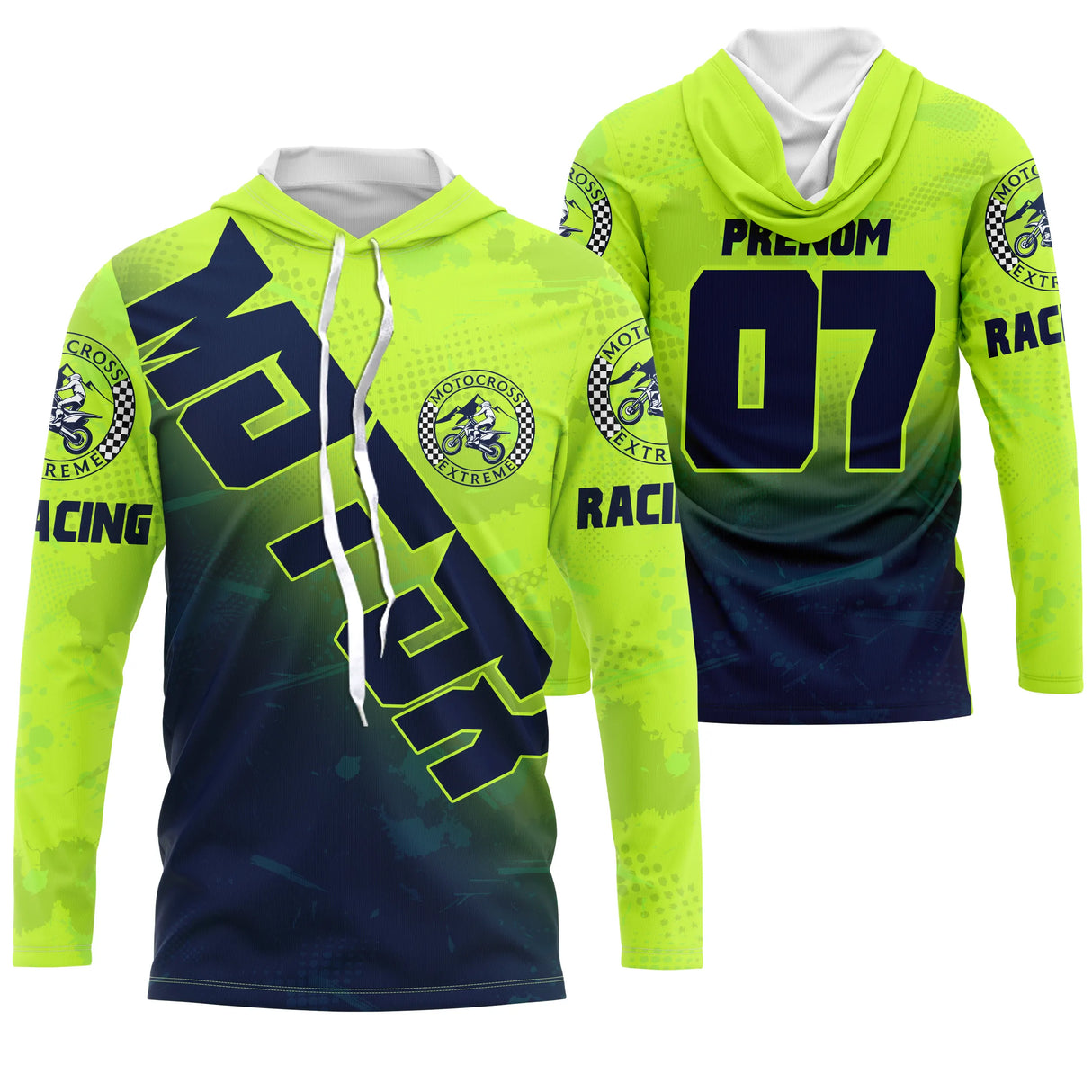 Maillot motocross vert fluo bleu marine avec lettrage MX et logo, prénom et numéro 07 imprimés