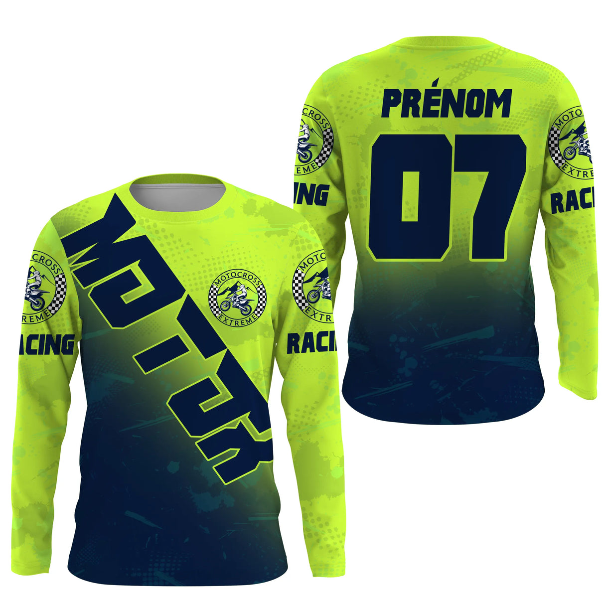 Anti-UV manches longues maillot motocross vert fluo bleu MX, design dirt bike racing personnalisé