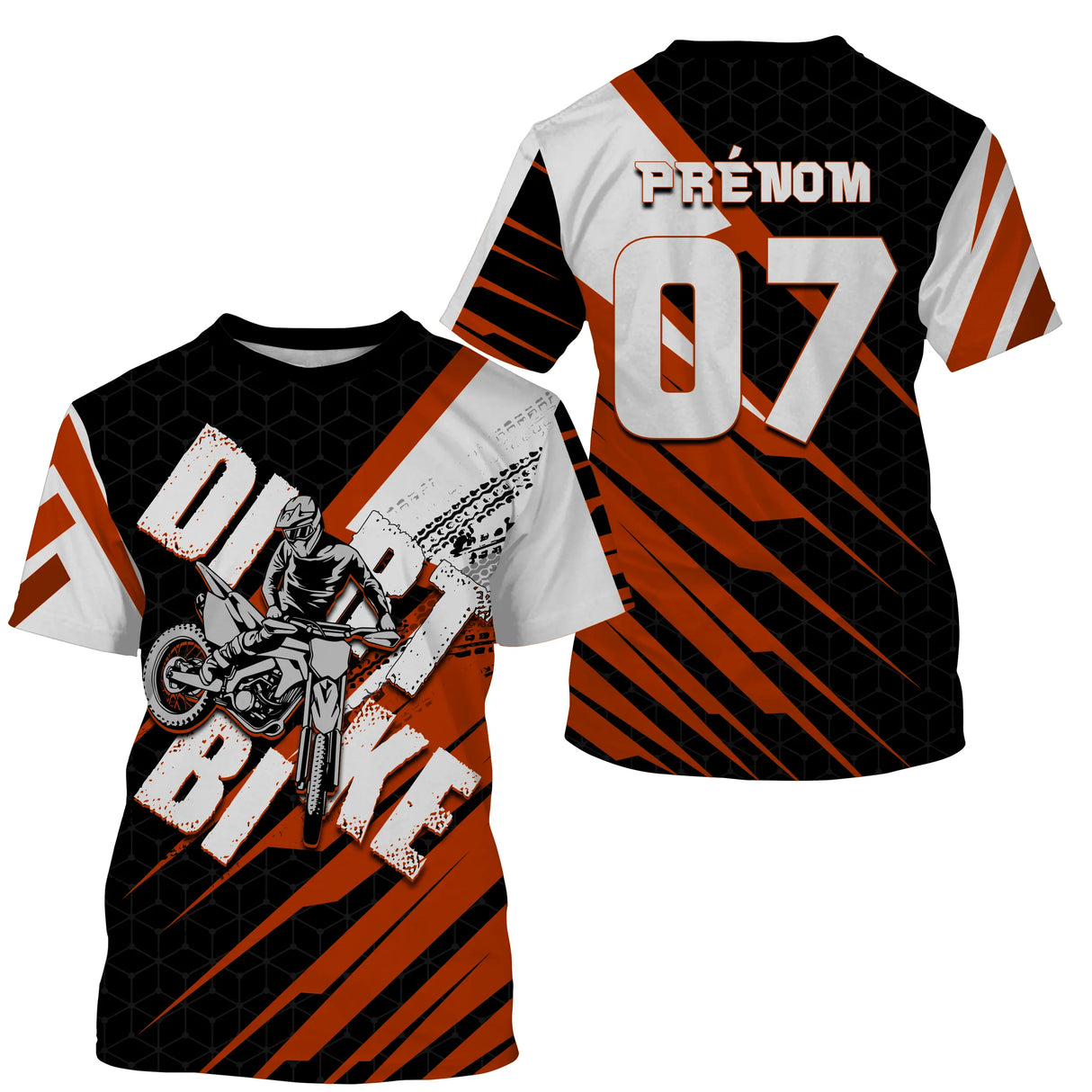 Anti-UV à capuche maillot motocross orange noir, lettrage Dirt Bike et numéro de course personnalisé