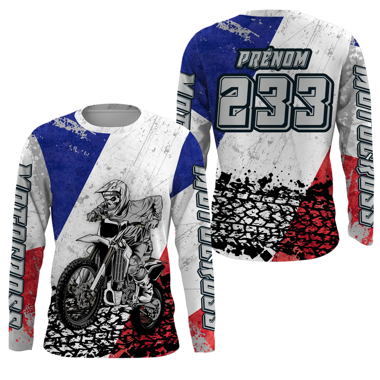 Anti-UV manches longues motocross France MX Cross, tenue piste avec prénom et numéro pour pilote
