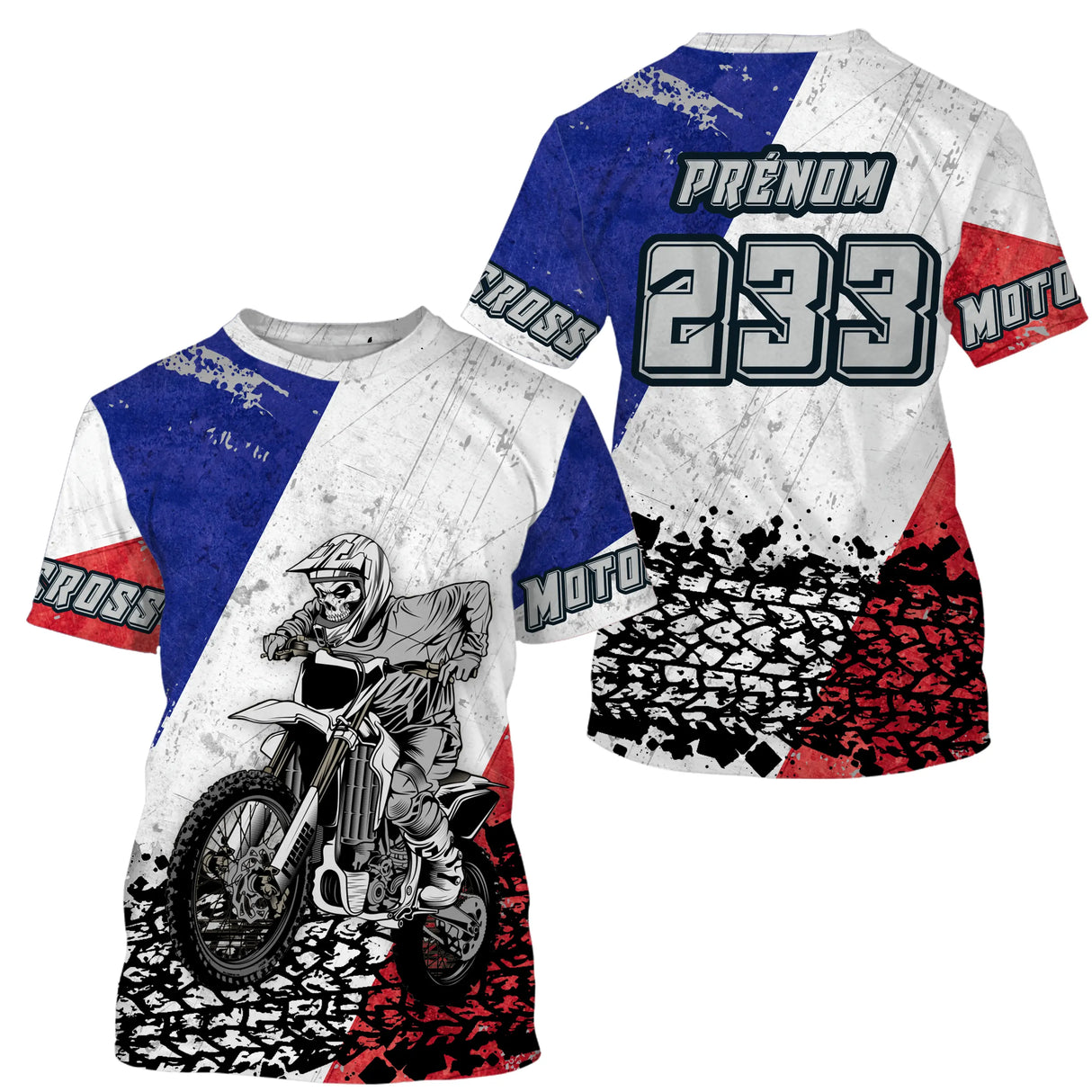Maillot motocross France MX Cross blanc tricolore avec motard et drapeau déchiré, prénom numéro 233 imprimés