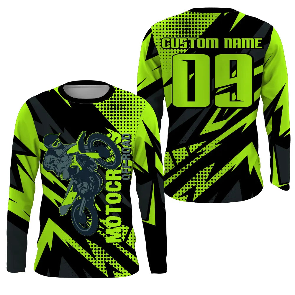 Anti-UV manches longues motocross vert lime fluo, tenue piste avec prénom et numéro pour pilote