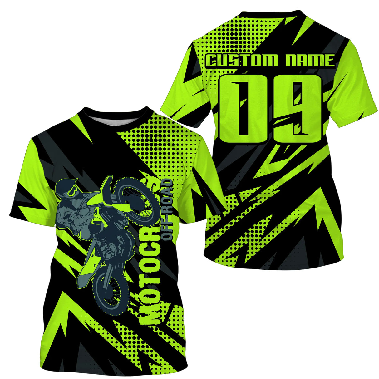 Maillot motocross noir vert lime avec motard silhouette verte et lettrage Motocross, prénom numéro 09