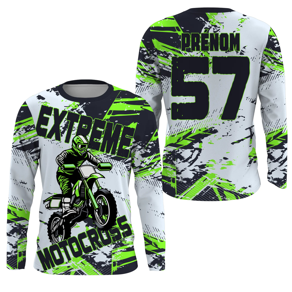 Anti-UV manches longues motocross extreme vert lime, tenue piste avec prénom et numéro pour pilote