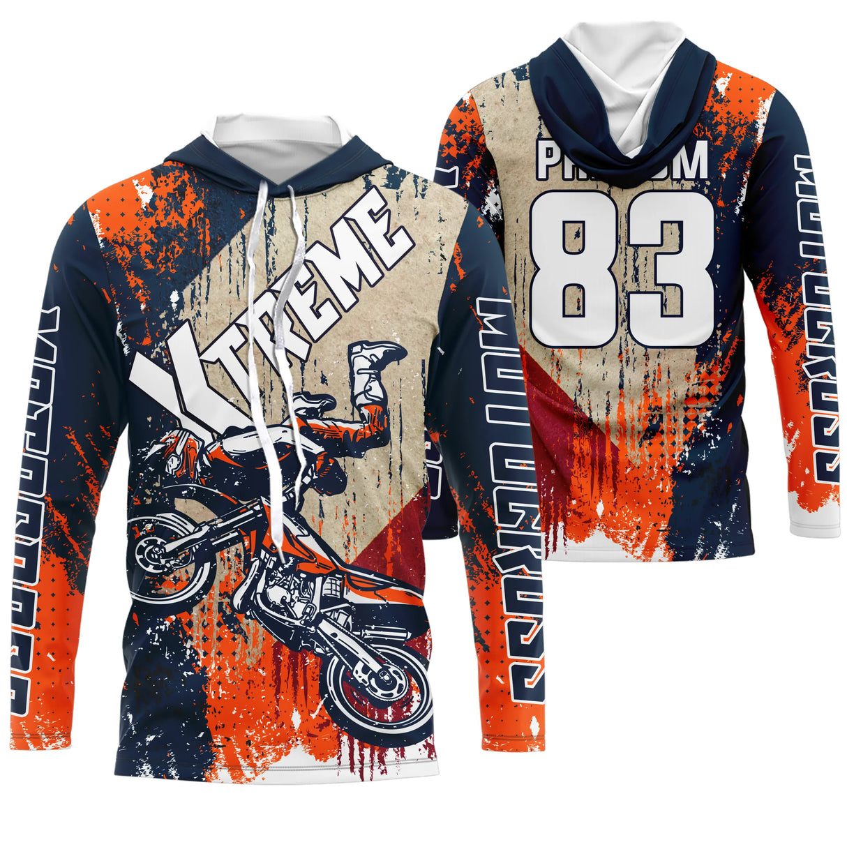 Maillot motocross orange bleu marine avec lettrage Xtreme et silhouette pilote moto, prénom et numéro 83 imprimés