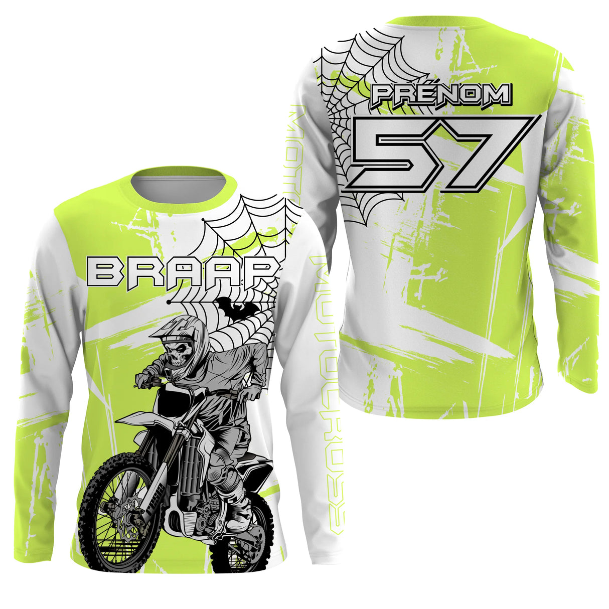 Anti-UV manches longues maillot motocross vert fluo Braap, design dirt bike wheelie personnalisé