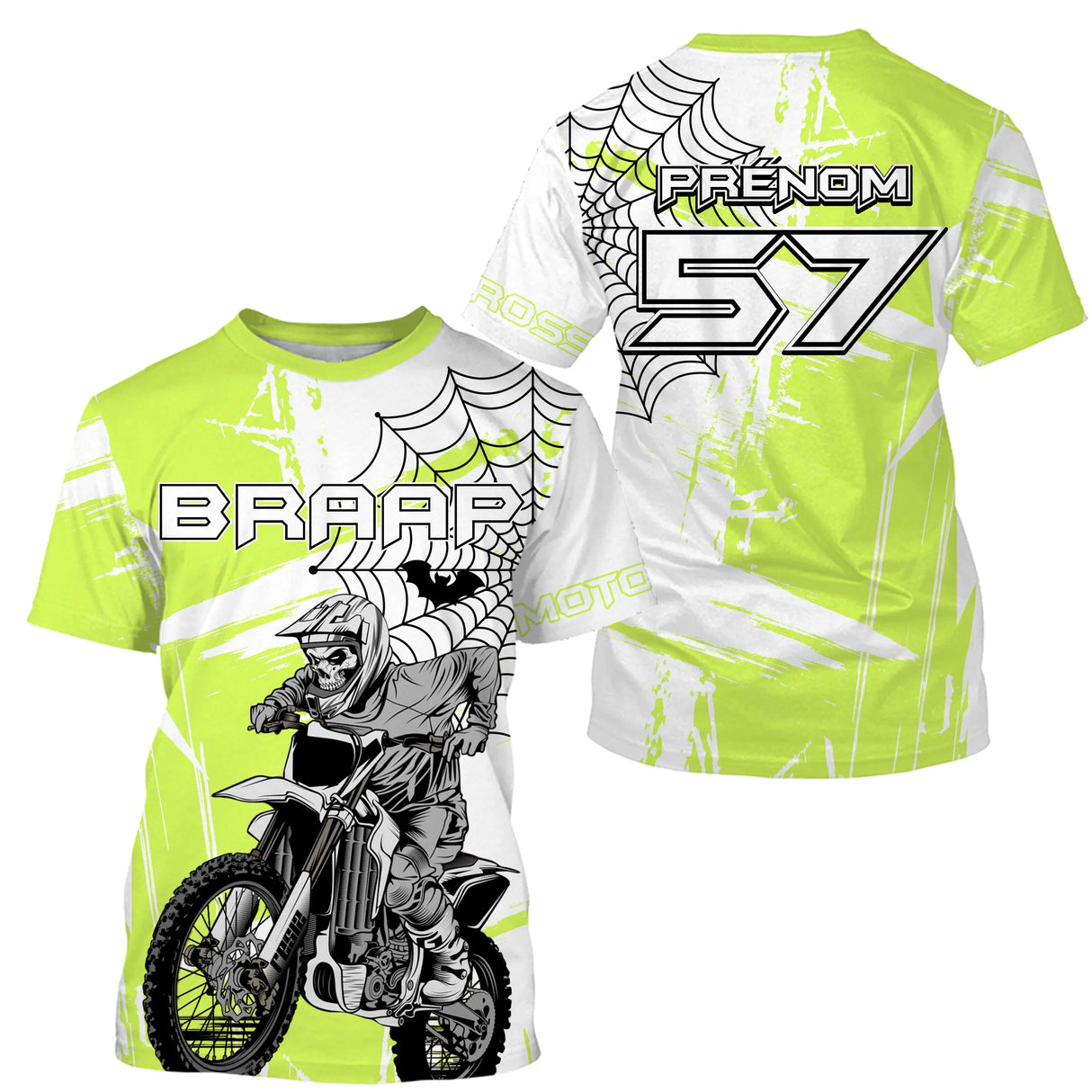 Anti-UV à capuche maillot motocross vert citron, motif toile d'araignée Braap et numéro de course personnalisé