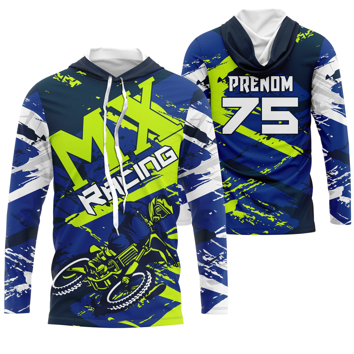 Maillot motocross bleu marine vert fluo MX Racing avec pilote en saut, prénom et numéro 75 imprimés