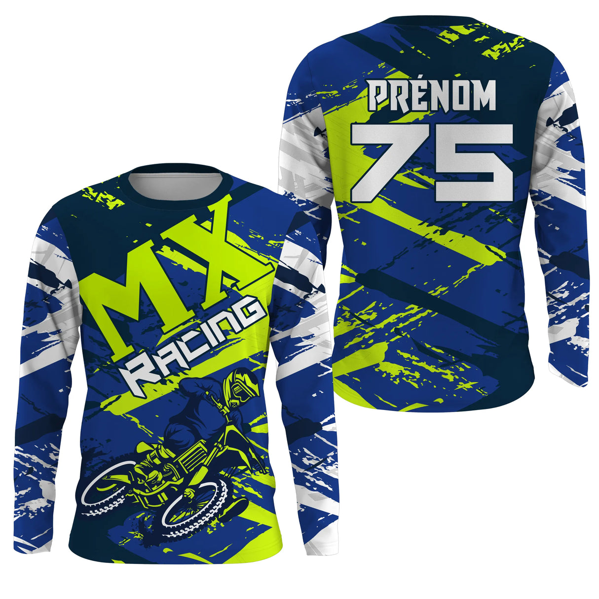 Anti-UV manches longues maillot motocross bleu vert fluo MX, design dirt bike racing personnalisé