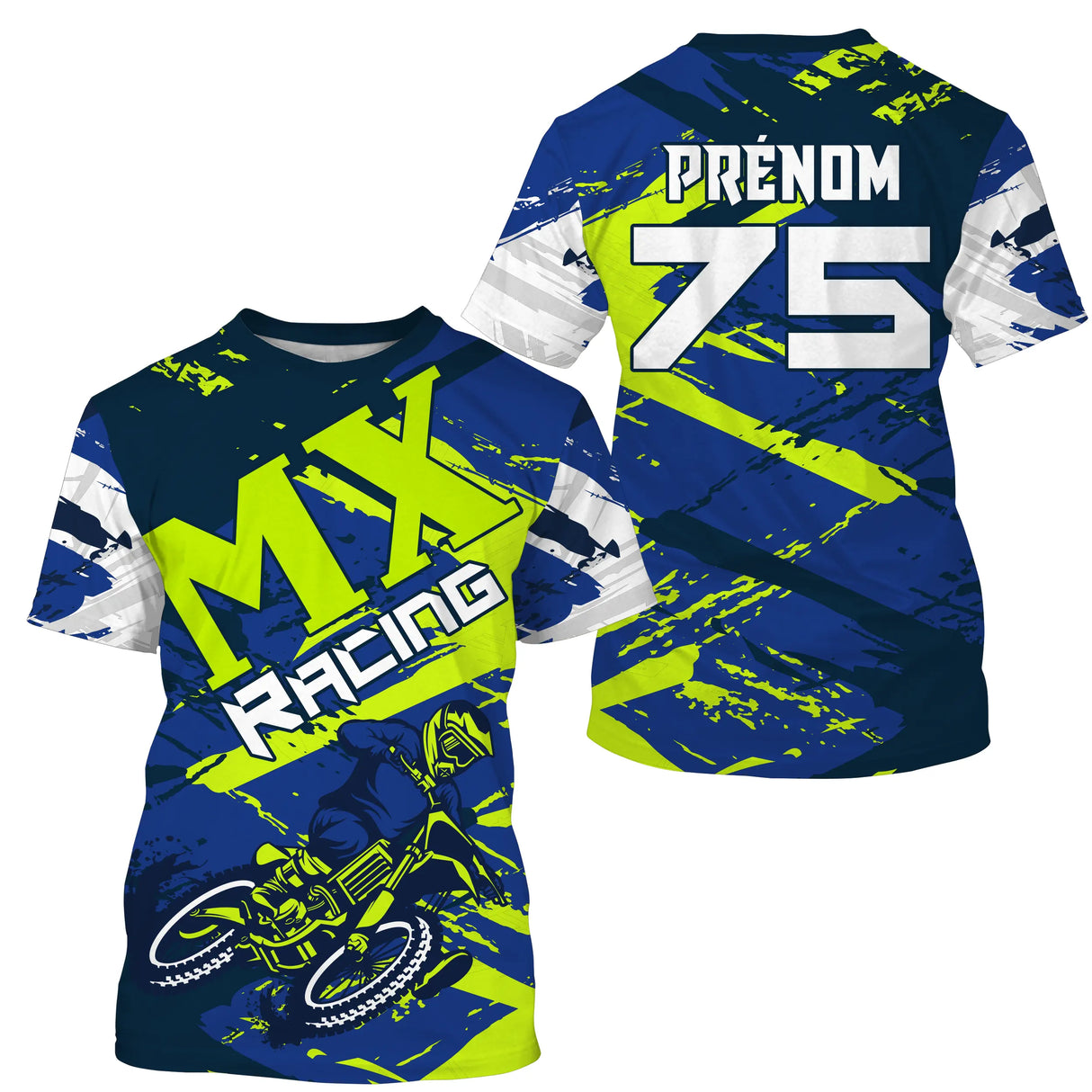 Anti-UV à capuche maillot motocross bleu vert citron, lettrage MX Racing et numéro de course personnalisé
