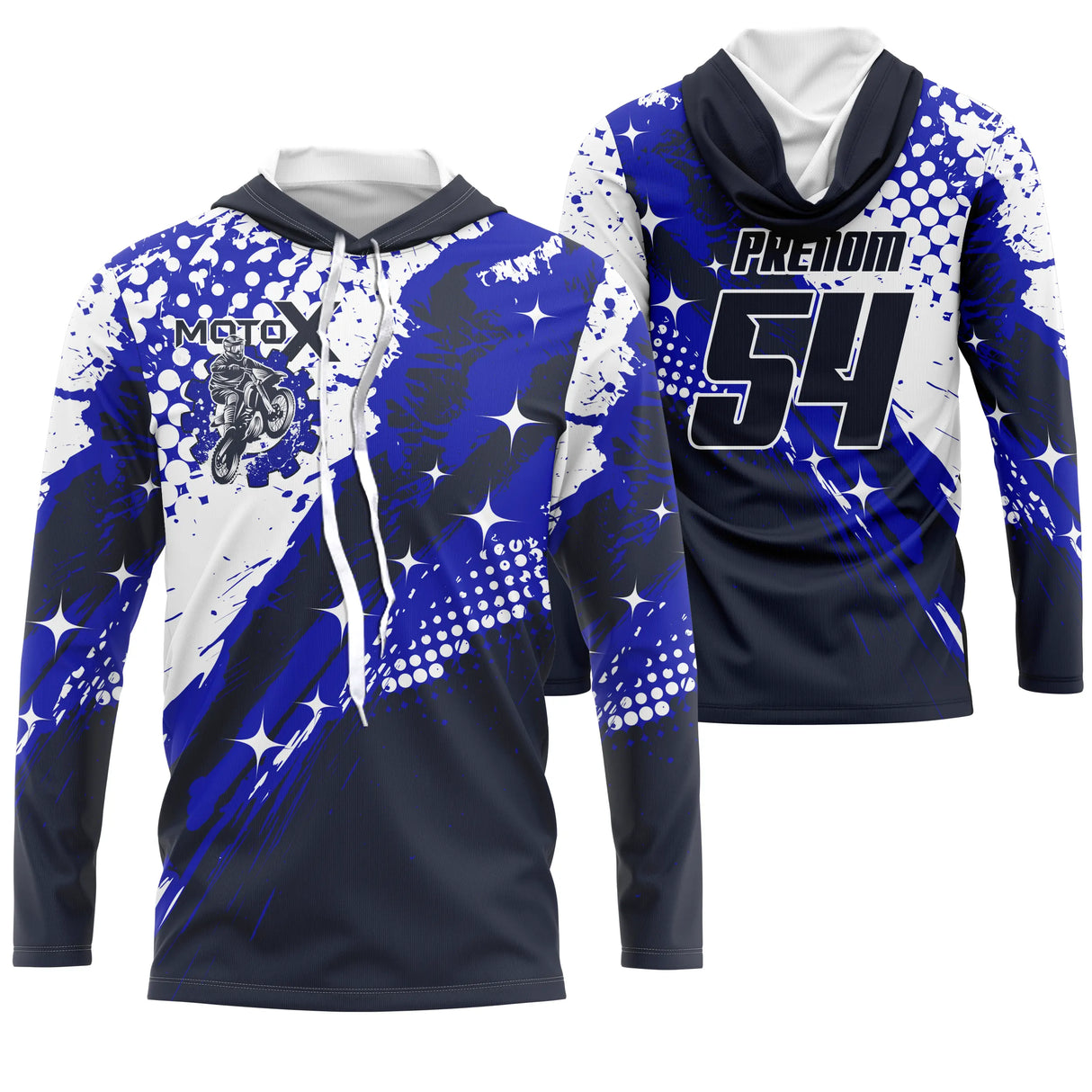 Maillot motocross bleu marine blanc avec éclats de peinture et lettrage MX, prénom et numéro 54 imprimés