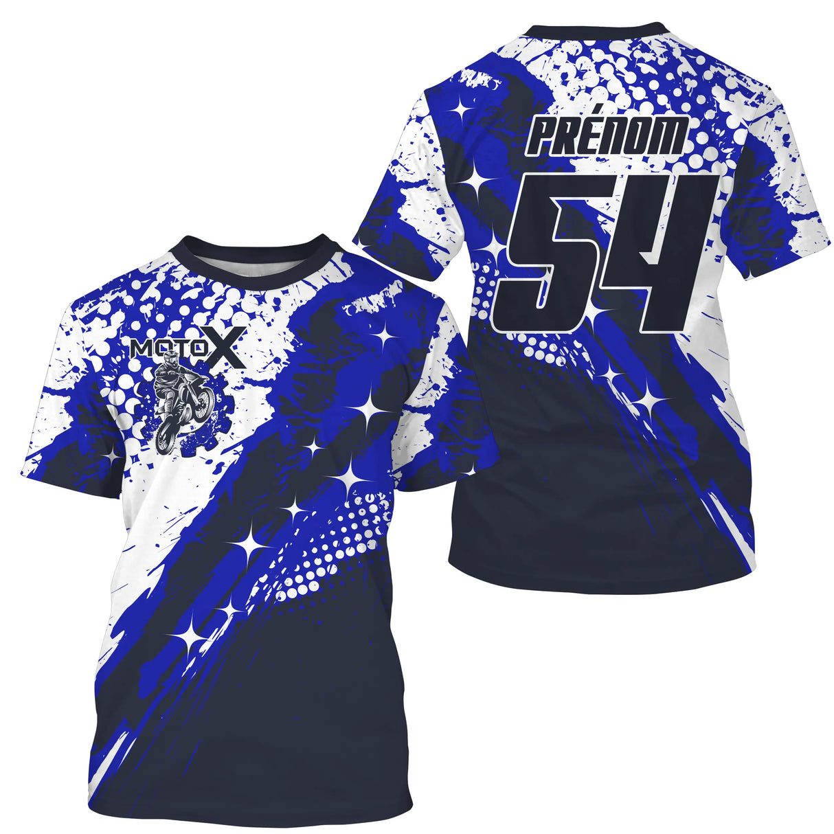 Anti-UV à capuche maillot motocross bleu marine, motif halftone MX et numéro de course personnalisé