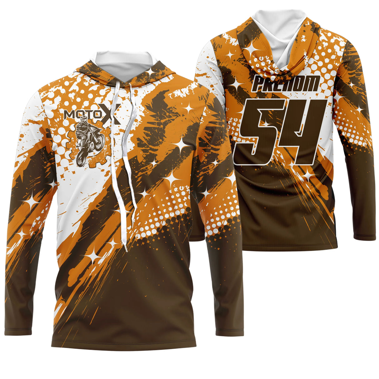 Maillot motocross marron orange avec éclats de peinture et lettrage Moto X, prénom et numéro 54 imprimés