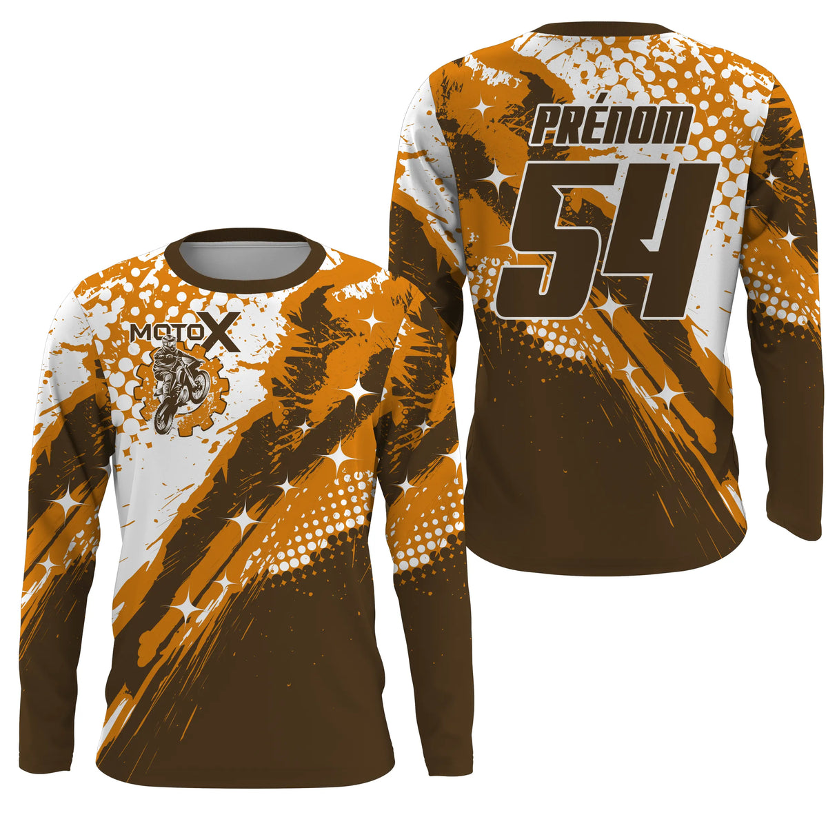 Anti-UV manches longues maillot motocross marron orange MotoX, design dirt bike terre personnalisé