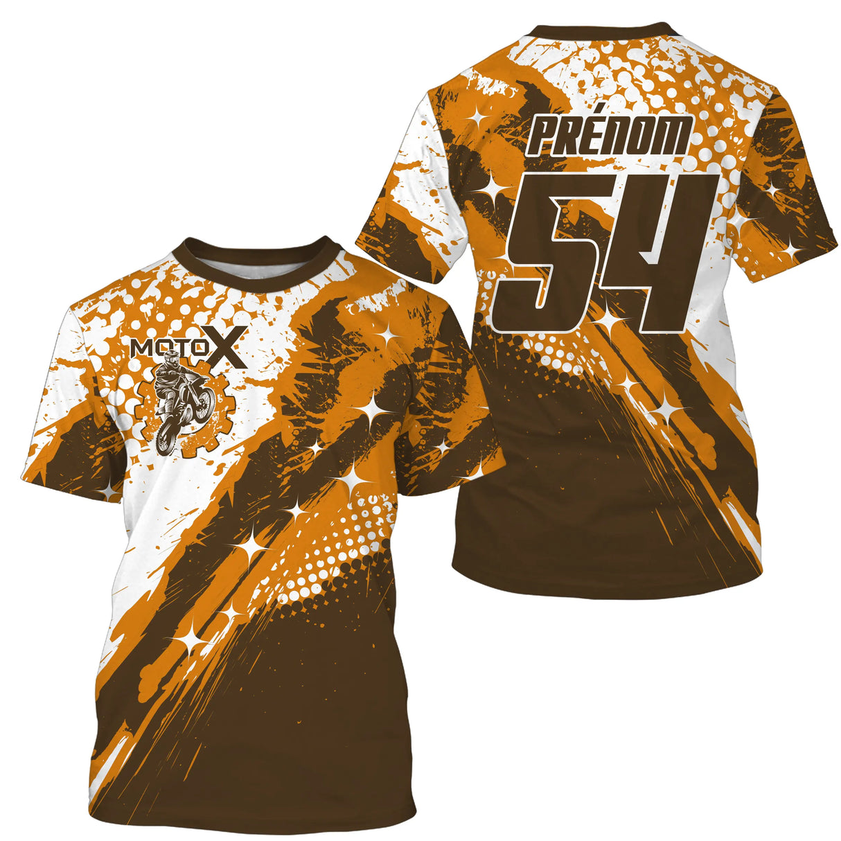 Anti-UV à capuche maillot motocross marron orange, motif halftone MotoX et numéro de course personnalisé
