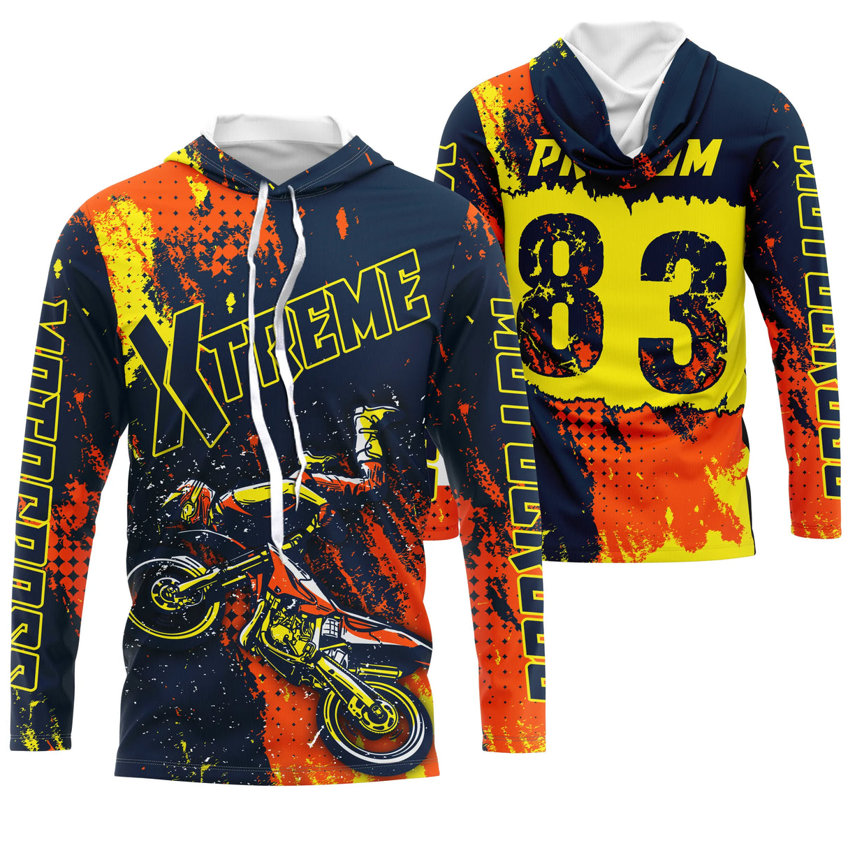 Maillot motocross jaune bleu marine avec pilote en saut et lettrage Xtreme, prénom et numéro 83 imprimés