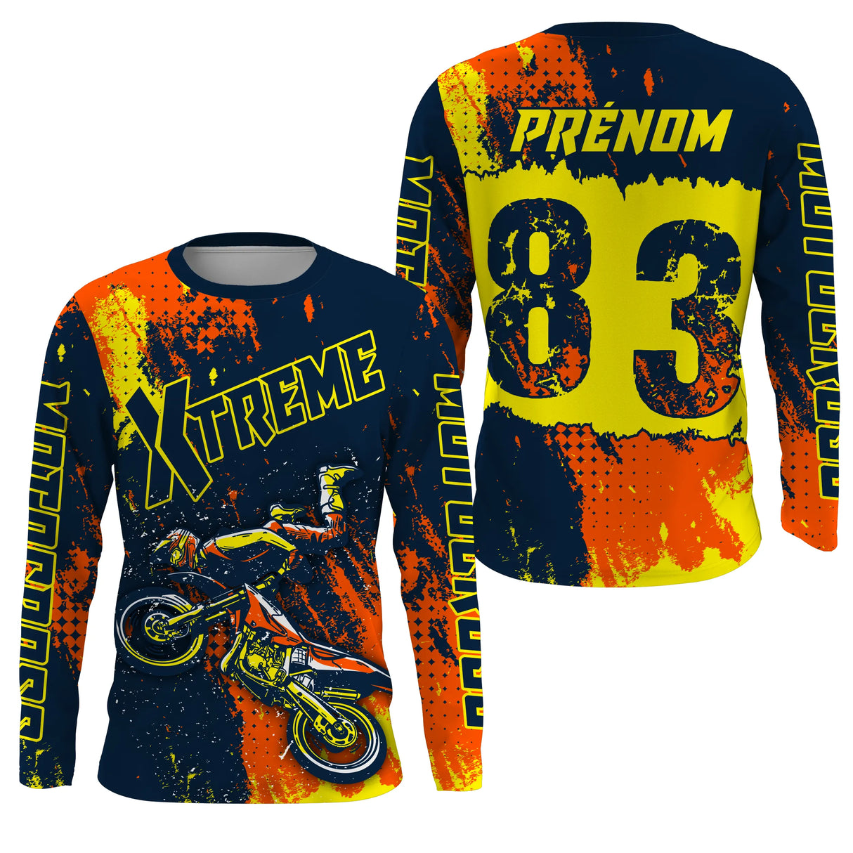 Anti-UV manches longues maillot motocross jaune bleu Xtreme, design dirt bike extreme personnalisé