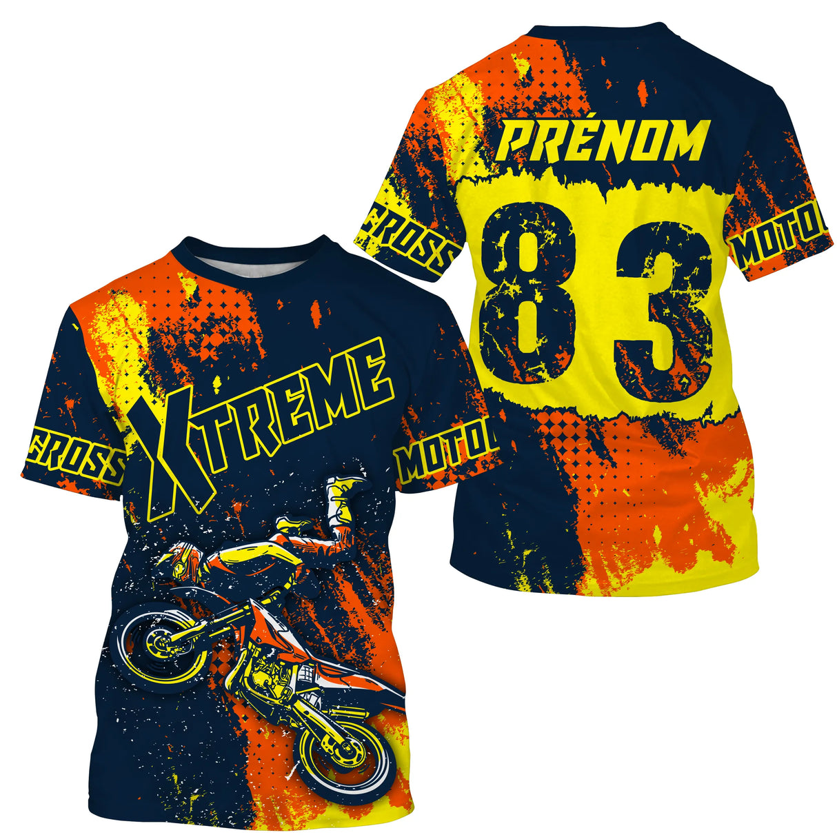 Anti-UV à capuche maillot motocross jaune bleu, lettrage Xtreme et numéro de course personnalisé