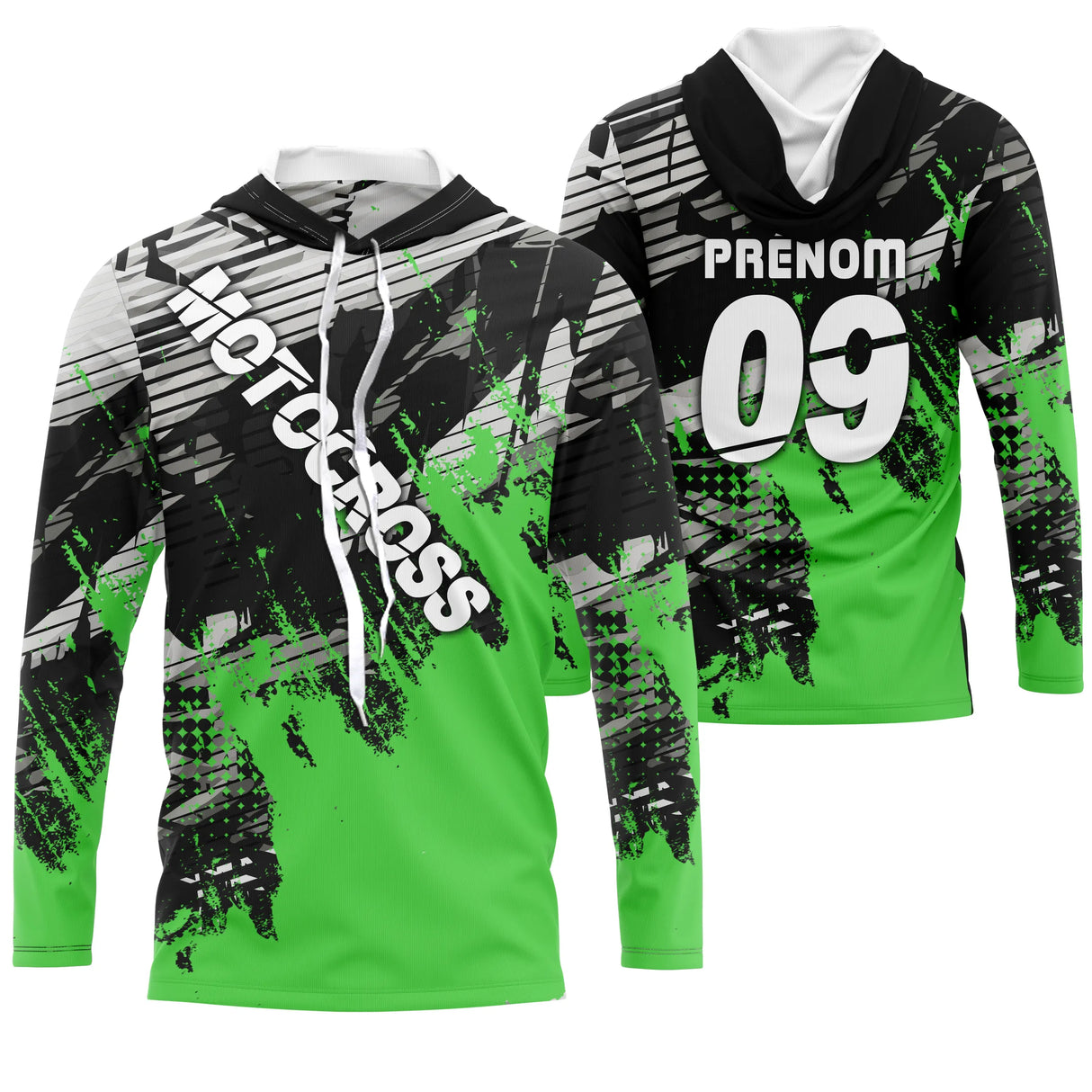 Maillot motocross vert fluo noir avec éclats de peinture et lettrage Motocross, prénom et numéro 09 imprimés