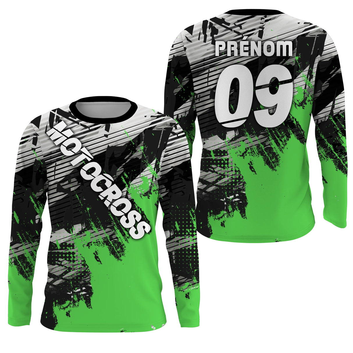 Anti-UV manches longues maillot motocross vert fluo noir, design dirt bike éclats personnalisé