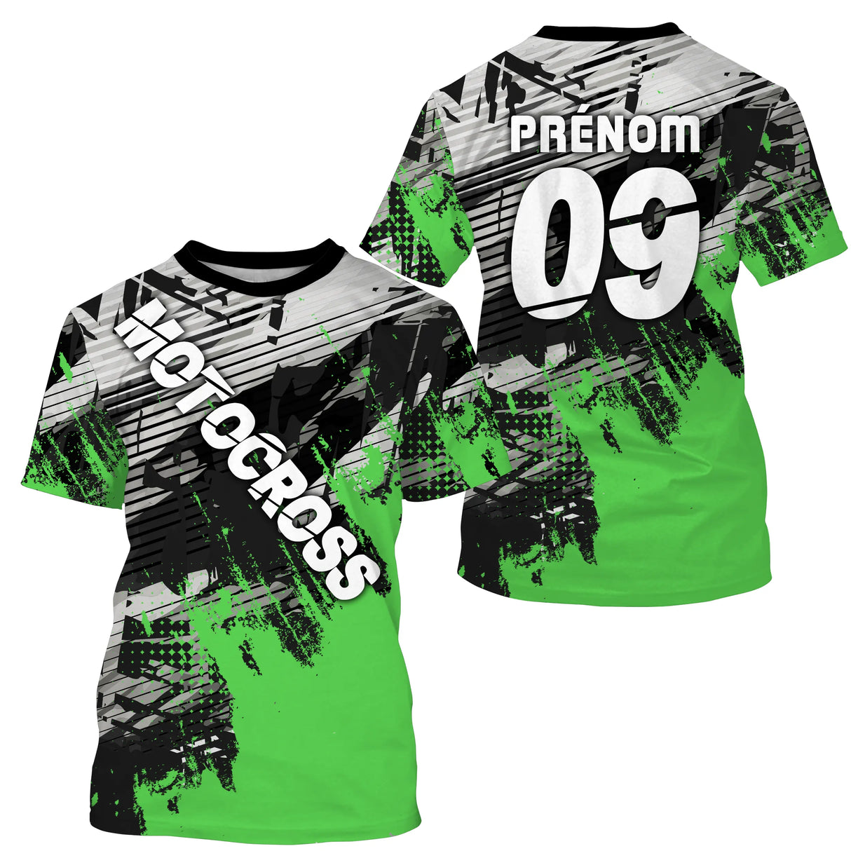 Anti-UV à capuche maillot motocross vert fluo noir, lettrage Motocross et numéro de course personnalisé