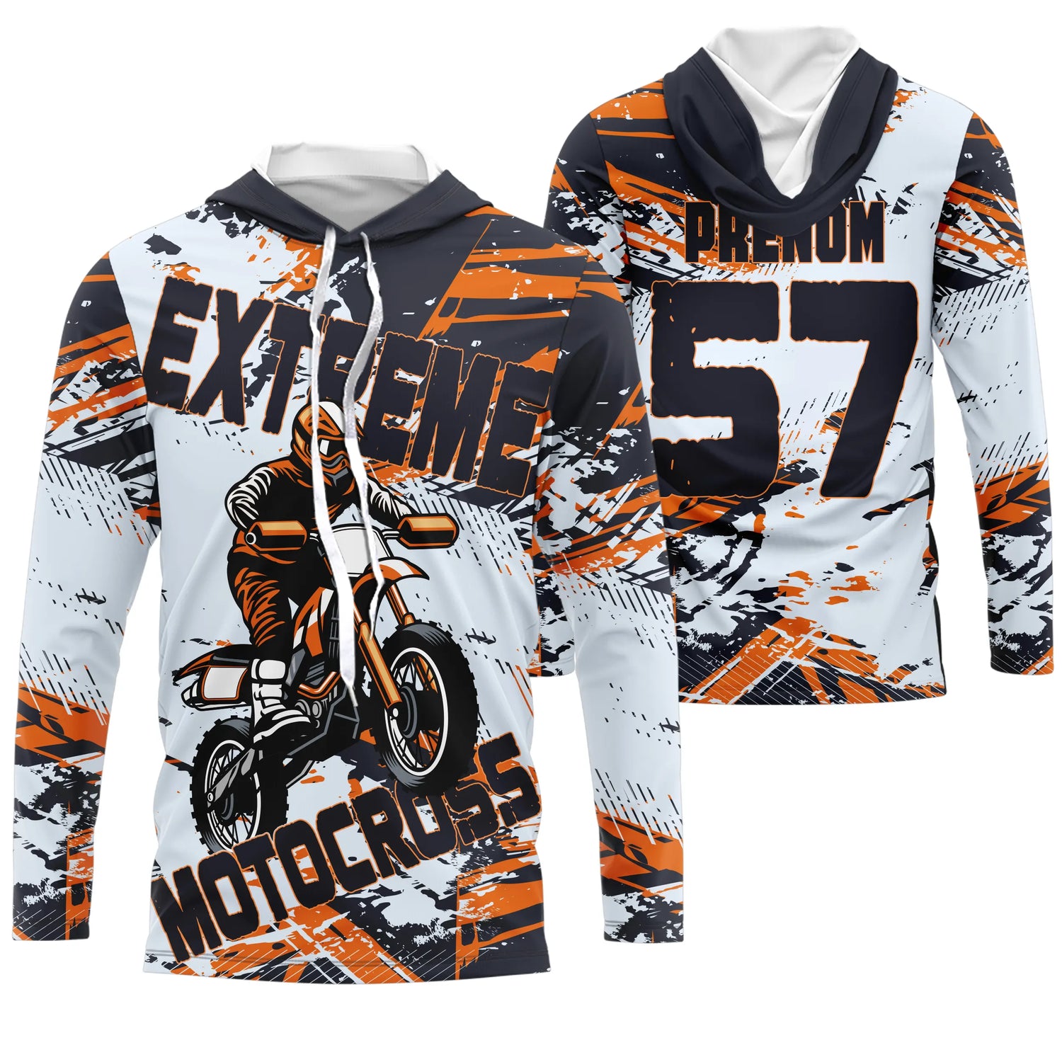 Maillot Cross Personnalisé Blanc Orange, Cadeau Pilote Moto Cross, Courses Tout-Terrain Extreme - MZ29122206 - Anti-UV T-shirt Manches Longues à Capuche