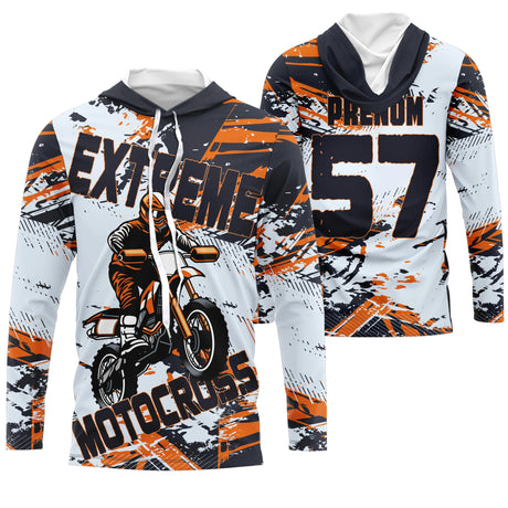 Maillot Cross Personnalisé Blanc Orange, Cadeau Pilote Moto Cross, Courses Tout-Terrain Extreme - MZ29122206 - Anti-UV T-shirt Manches Longues à Capuche