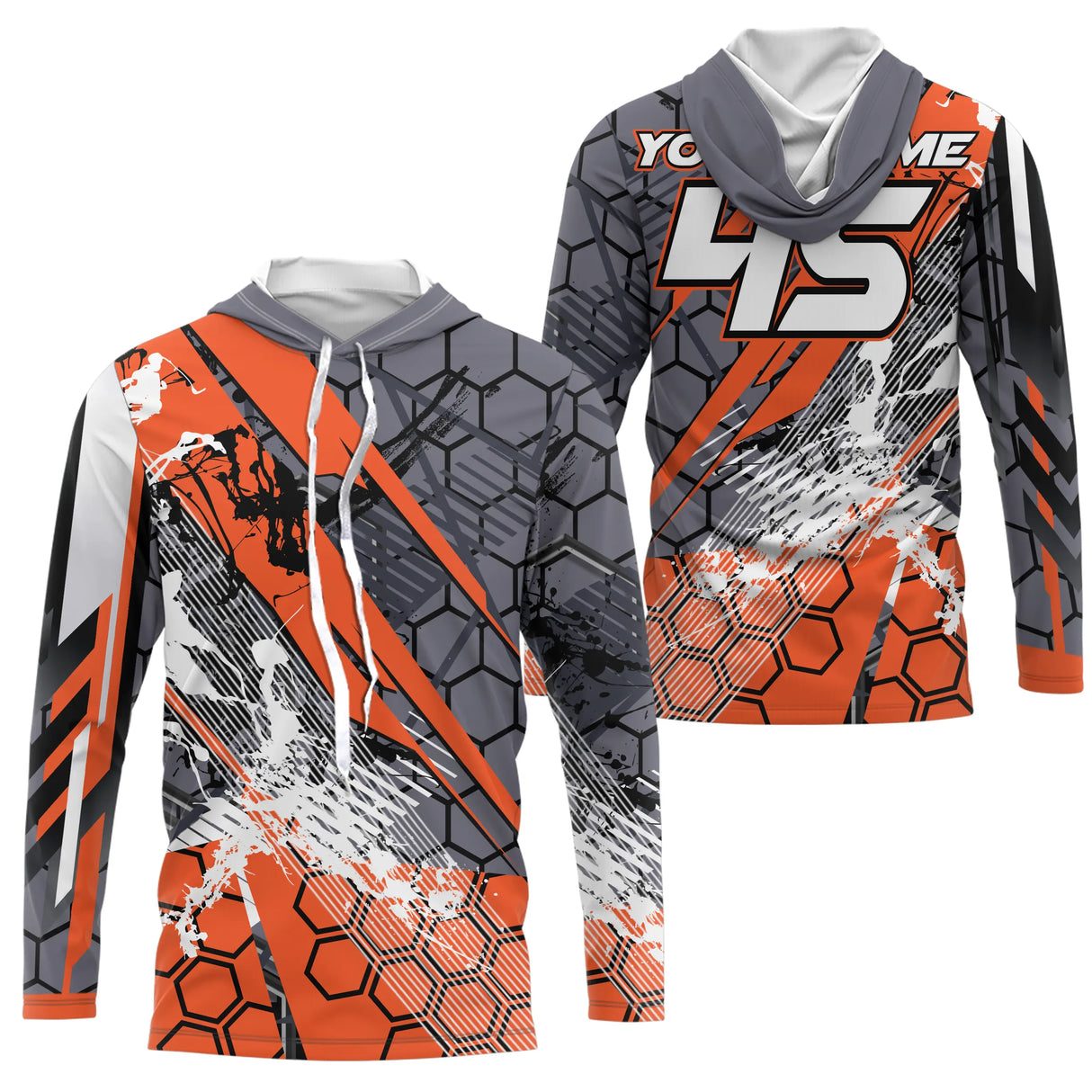 Maillot motocross gris orange avec motif hexagonal et lettrage Xtreme, prénom et numéro 45 imprimés